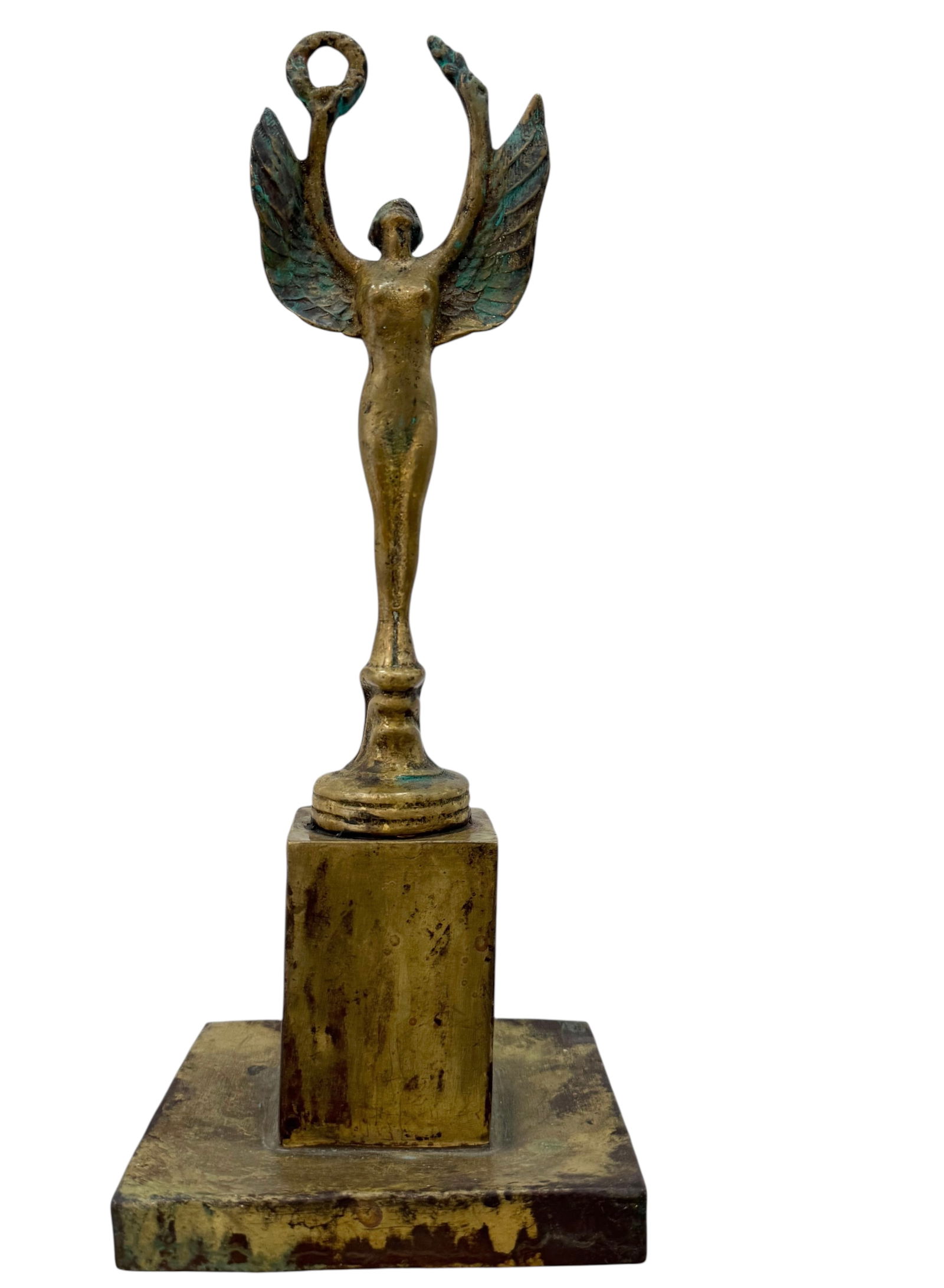 Early 20th Century Bronze Art Deco Victory Sculpture On Brass Base: 13 1/2 x 5 1/4 x 5 1/4 in. Domestic Flat Shipping Price: $55