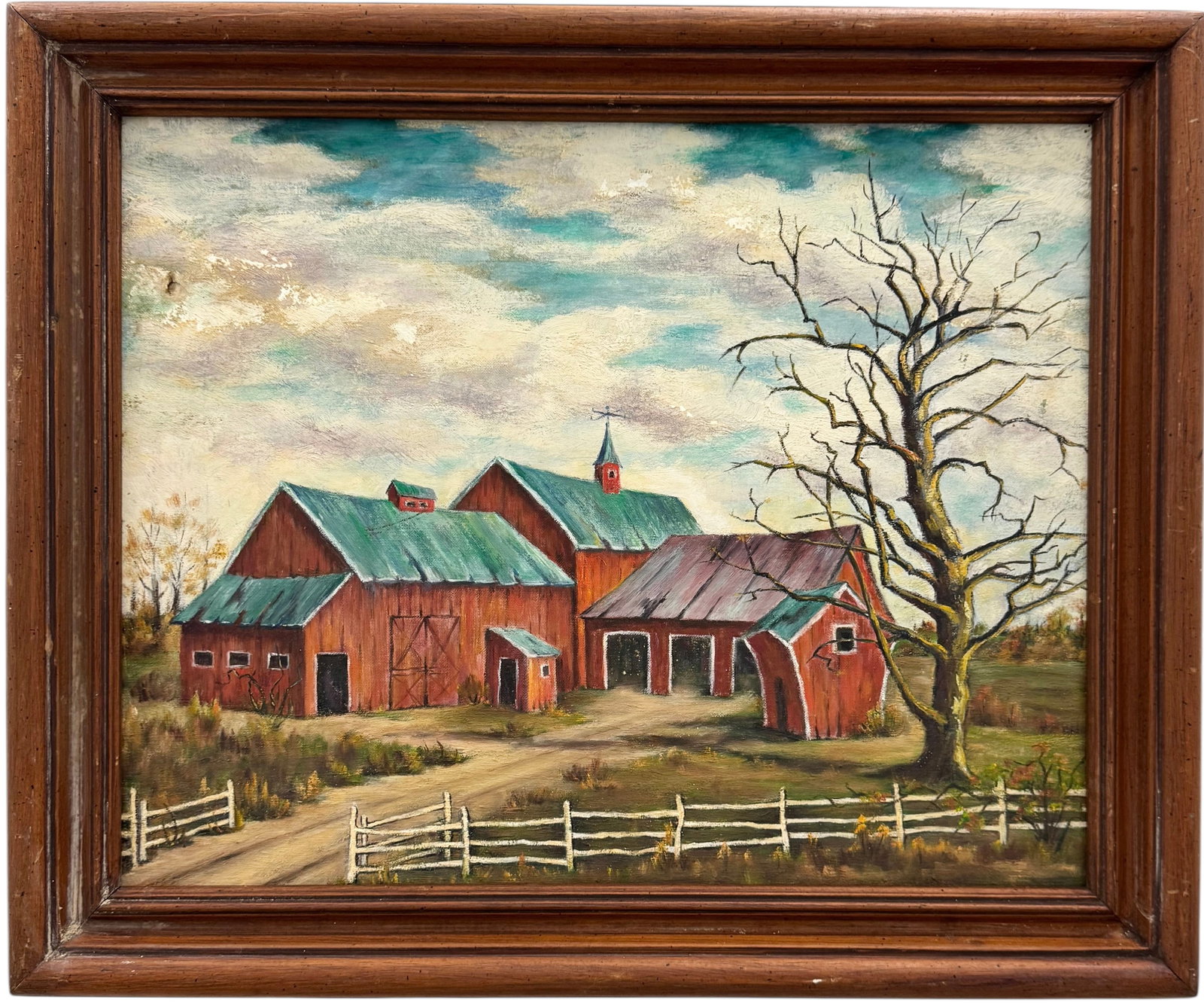 CHRISTINE O'BRIEN (20th c, American) Livingston, NJ Farm Buildings 1953: Oil painting on board 20 x 16 in, 24 x 20 in (framed). Domestic Flat Shipping Price: $55