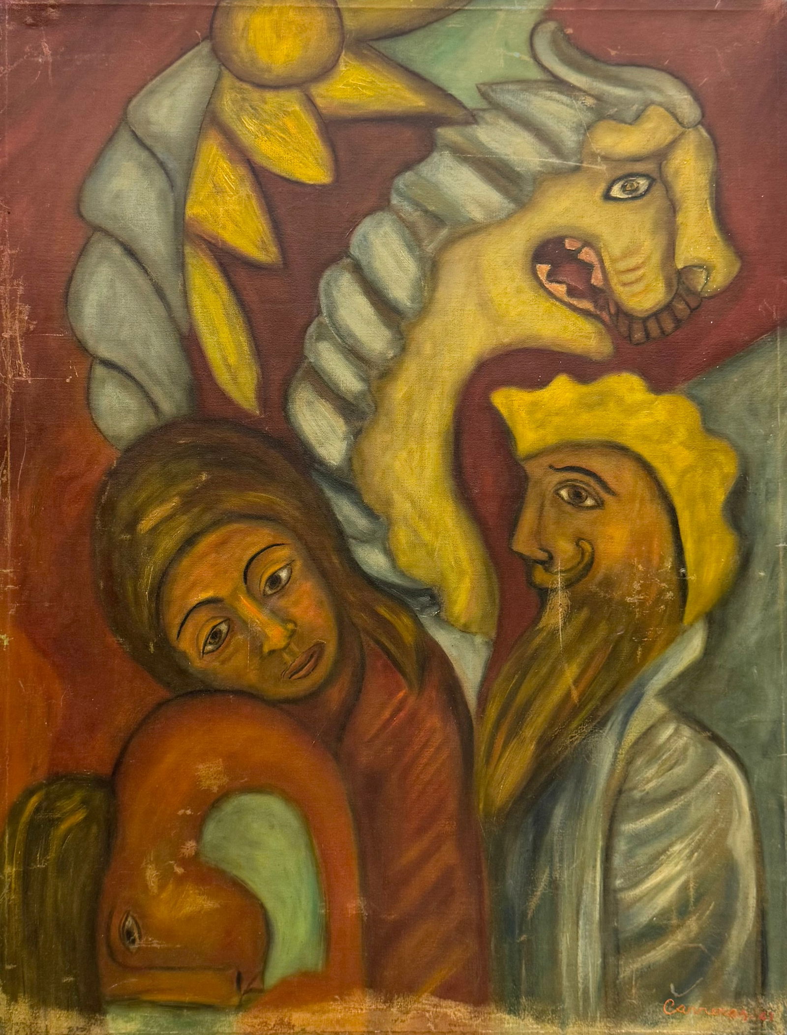 Mid-Century Latin American School Cubist Figures With Dragon Signed Carreras 1963: Oil painting on canvas 29 1/2 x 22 1/2 in. Domestic Flat Shipping Price: $80