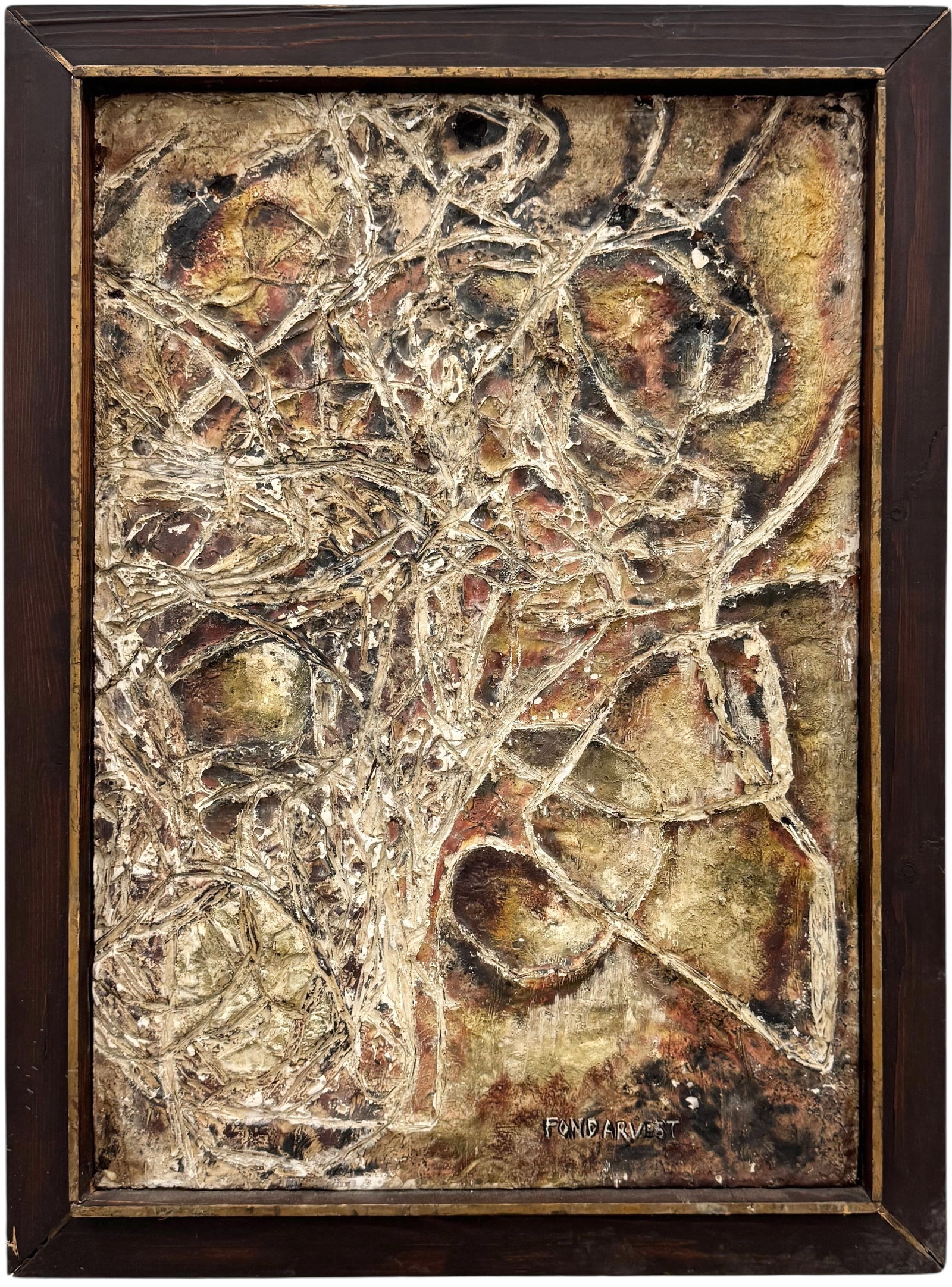 Mid-Century Modern Inscribed Abstract Expressionist Signed Painting: Mixed media on board 28 x 20 1/2 in (framed). Domestic Flat Shipping Price: $80