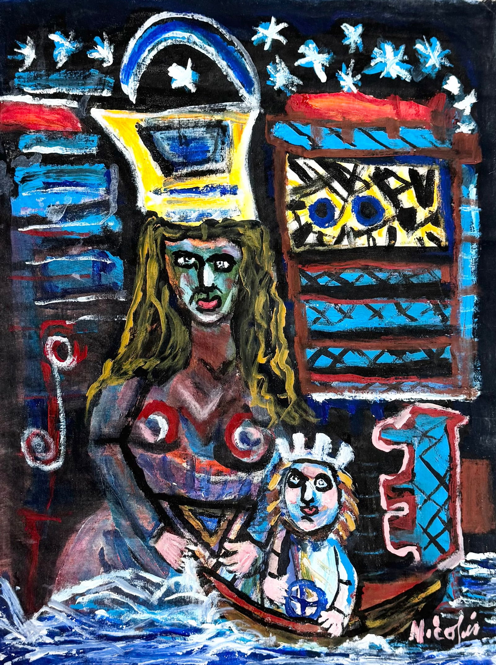 NICOLAS DELGADO ERUSTES (20th c, Cuban) Outsider Art: Un-stretched oil painting on canvas 26 x 19 in. Domestic Flat Shipping Price: $45