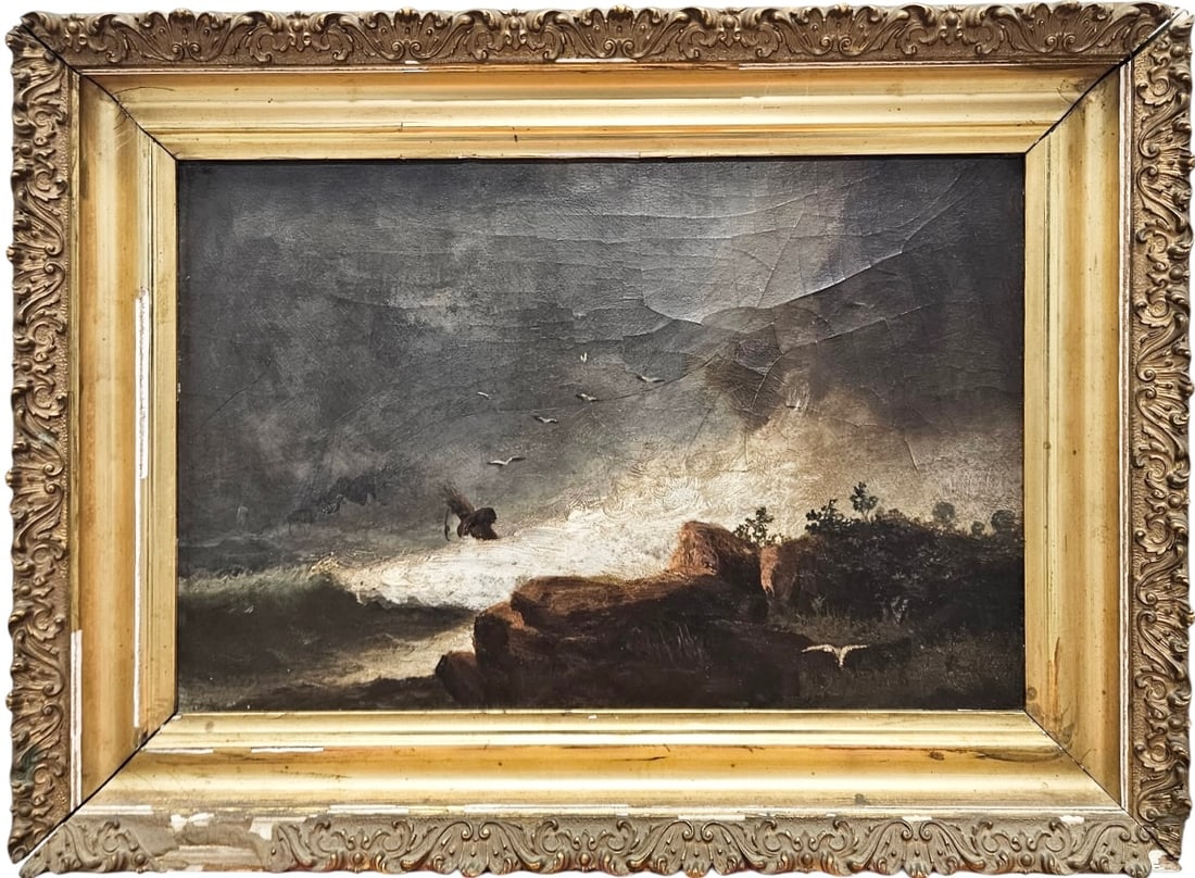 Early 19th Century American School Coastal Landscape Of Crashing Waves: Oil painting on board 15 1/8 x 10 1/8 in, 19 x 14 in. Domestic Flat Shipping Price: $65