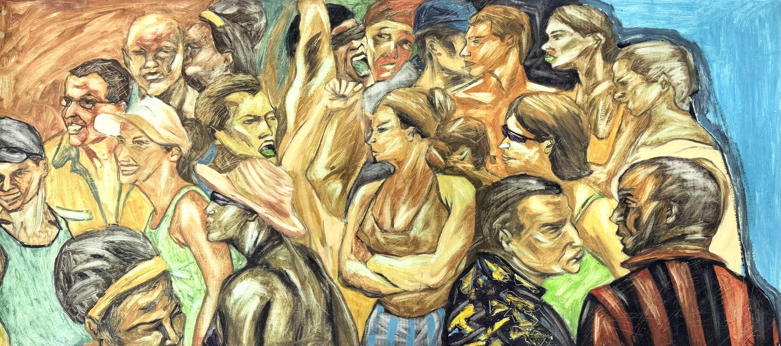 HAROLD LOPEZ MUNOZ (b. 1977, Cuban) Crowd Of People: Oil painting on paper 74 x 37 in. Shipped rolled: $55