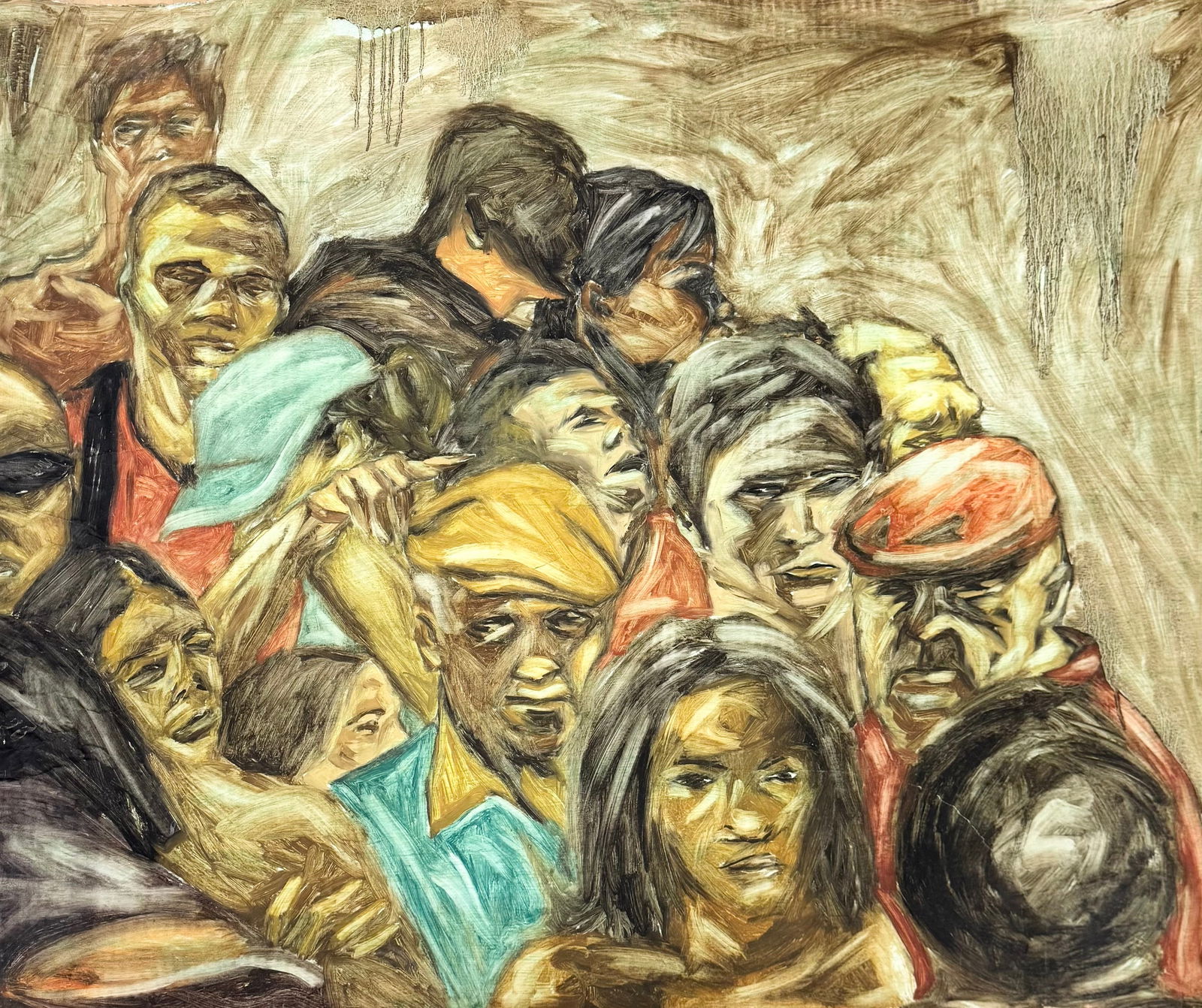 HAROLD LOPEZ MUNOZ (b. 1977, Cuban) Crowd Of People: Oil painting on paper 43 x 37 in. Shipped rolled: $55