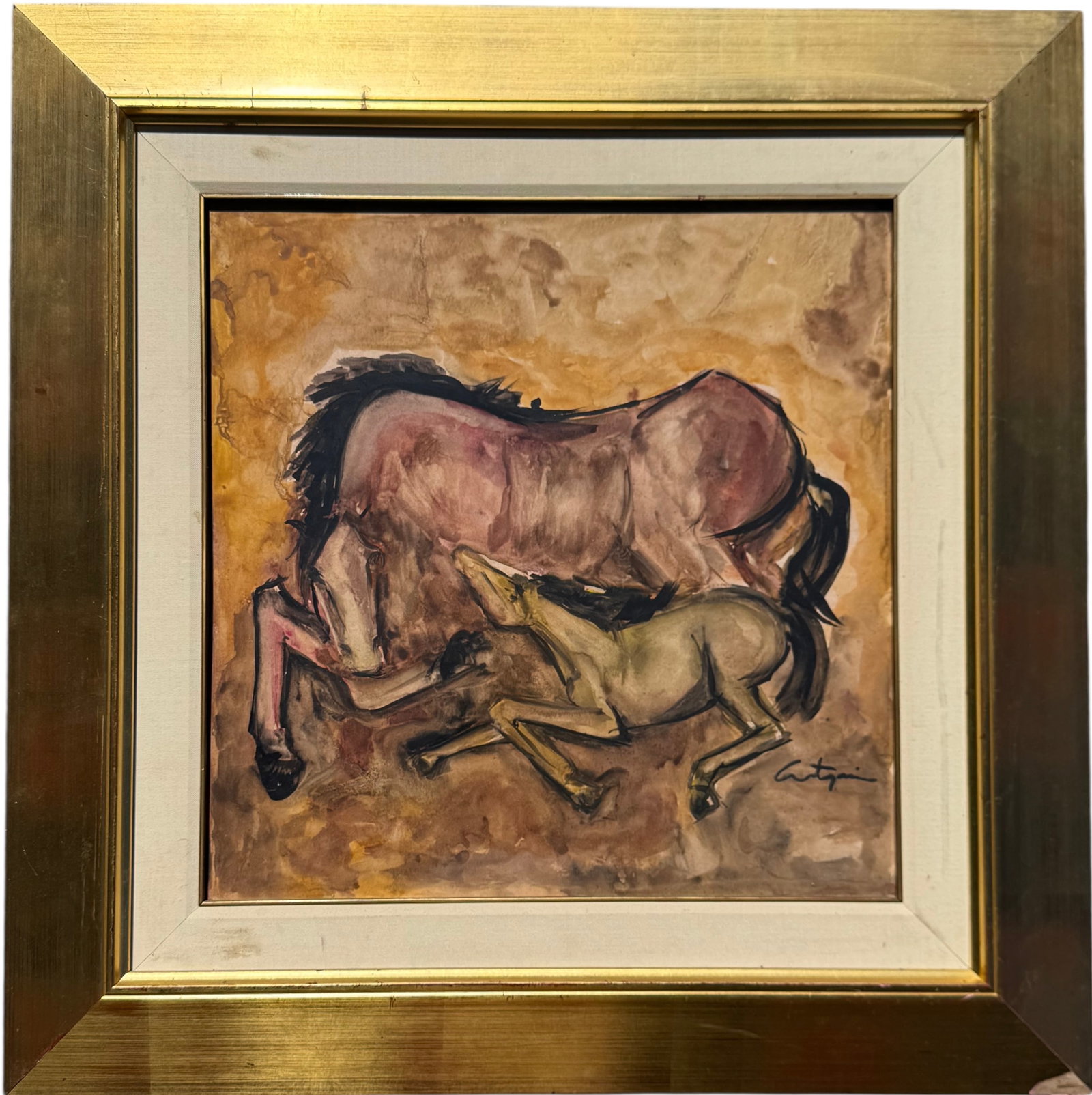Vintage Modernist Watercolor Of Horses Signed Illegibly: Watercolor 29 1/2 x 29 1/2 in (framed). Domestic Flat Shipping Price: $90