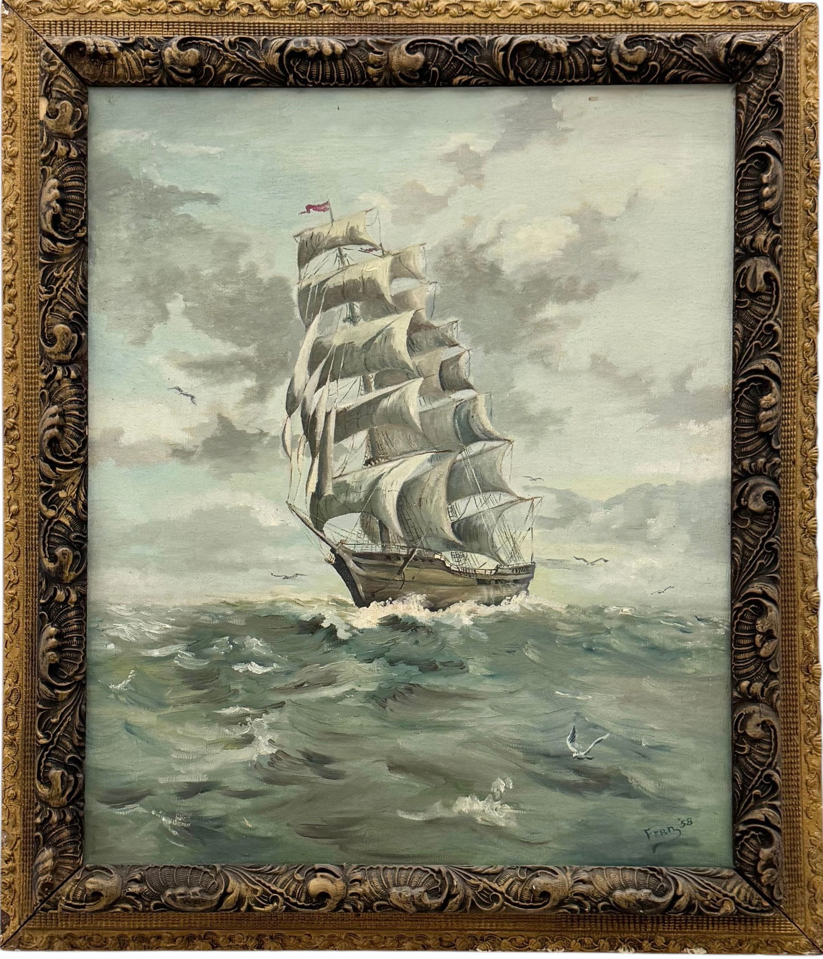 Mid-Century Seascape With Clipper Ship Signed Oil On Board (1 of 3)