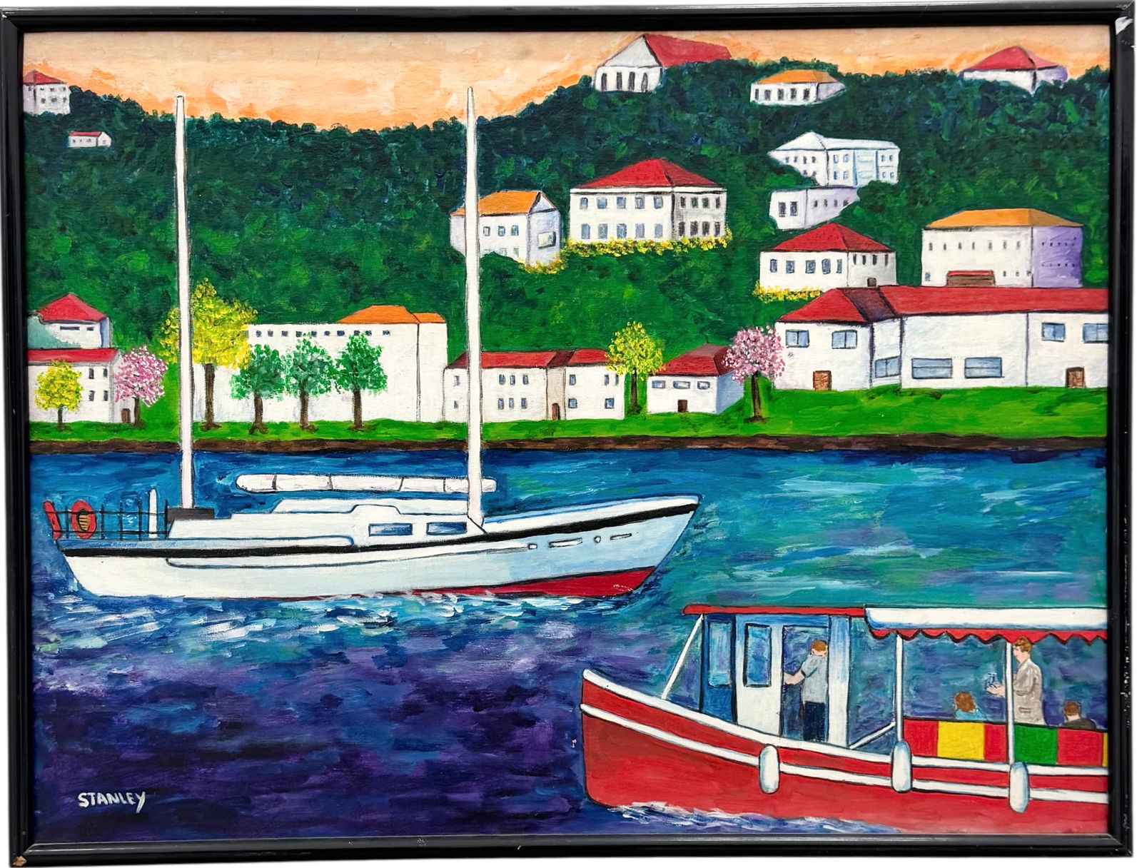 STANLEY BRUST Naive Coastal Landscape With Boats Cote D Azur France: Oil painting on canvas 41 x 31 in (framed). Domestic Flat Shipping Price: $110