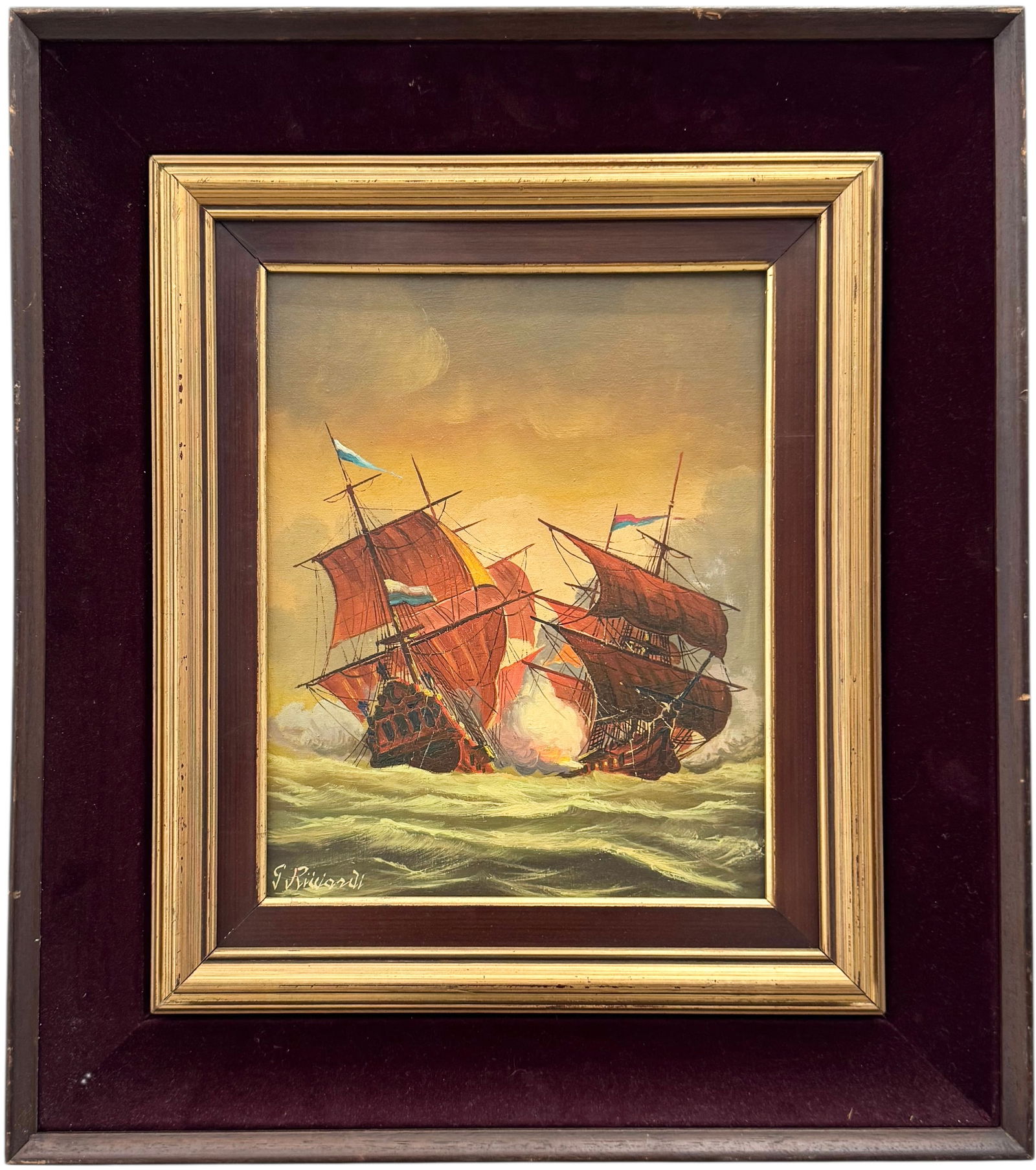 Mid-Century Italian Seascape With Clipper Ships Signed Oil On Canvas (1 of 3)