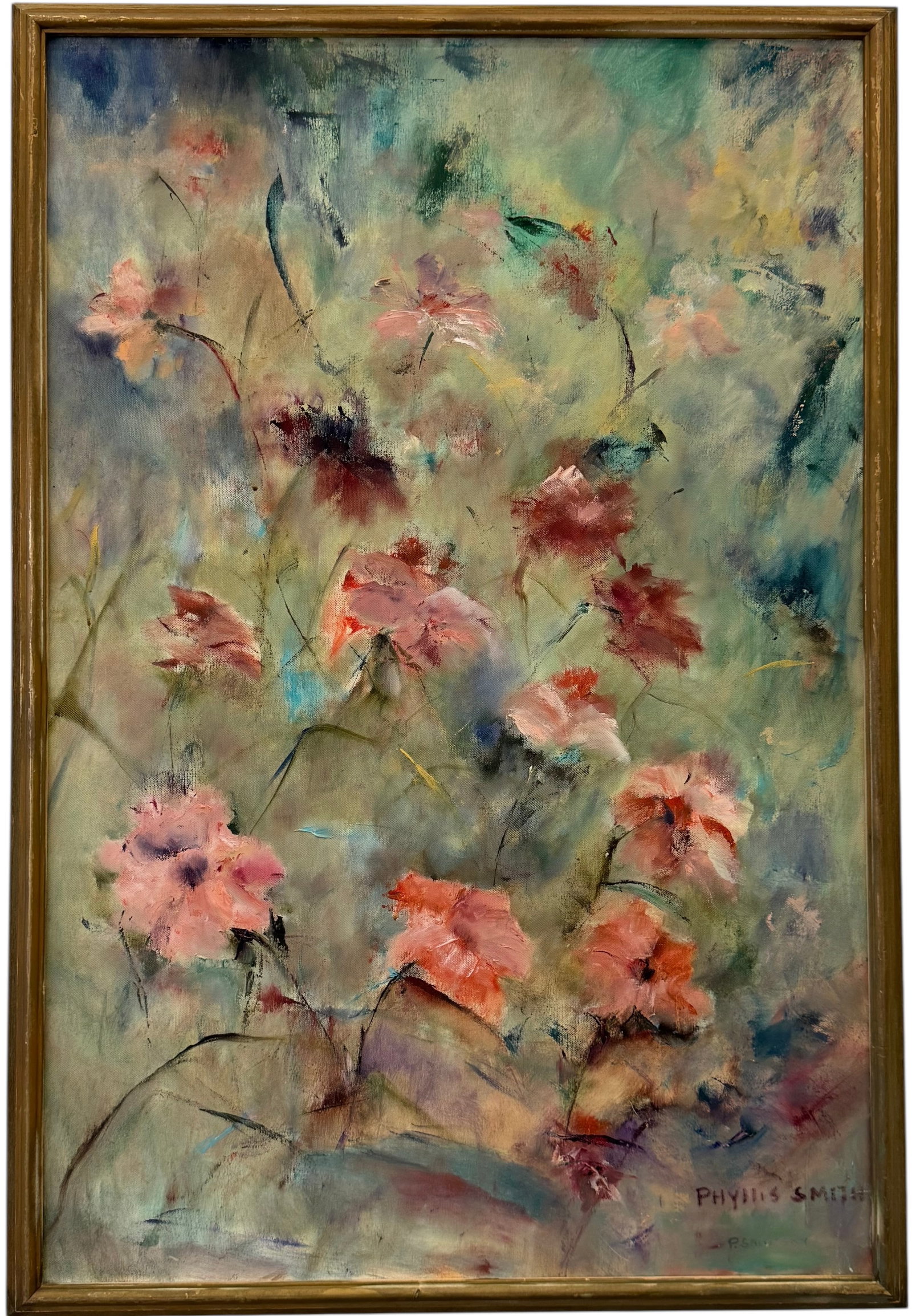 American Mid-Century Floral Abstract Signed By Phyllis Smith: Oil painting on canvas 36 x 24 in, 38 x 26 in (framed). Domestic Flat Shipping Price: $90