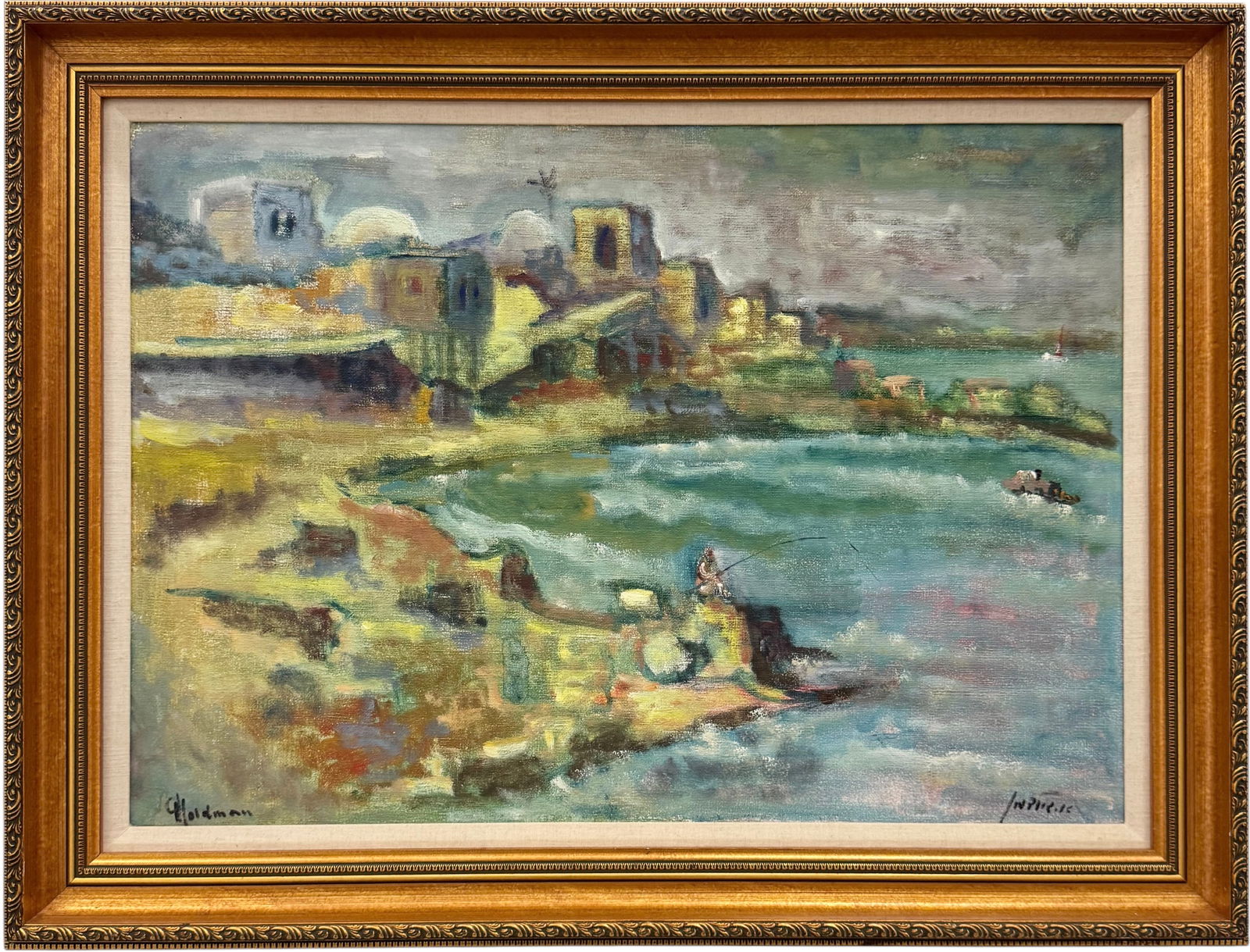 Israeli Impressionist Coastal Landscape Signed Oil On Canvas: Oil painting on canvas 27 1/2 x 19 1/2 in, 33 1/2 x 25 1/2 in (framed). Domestic Flat Shipping Price: $80