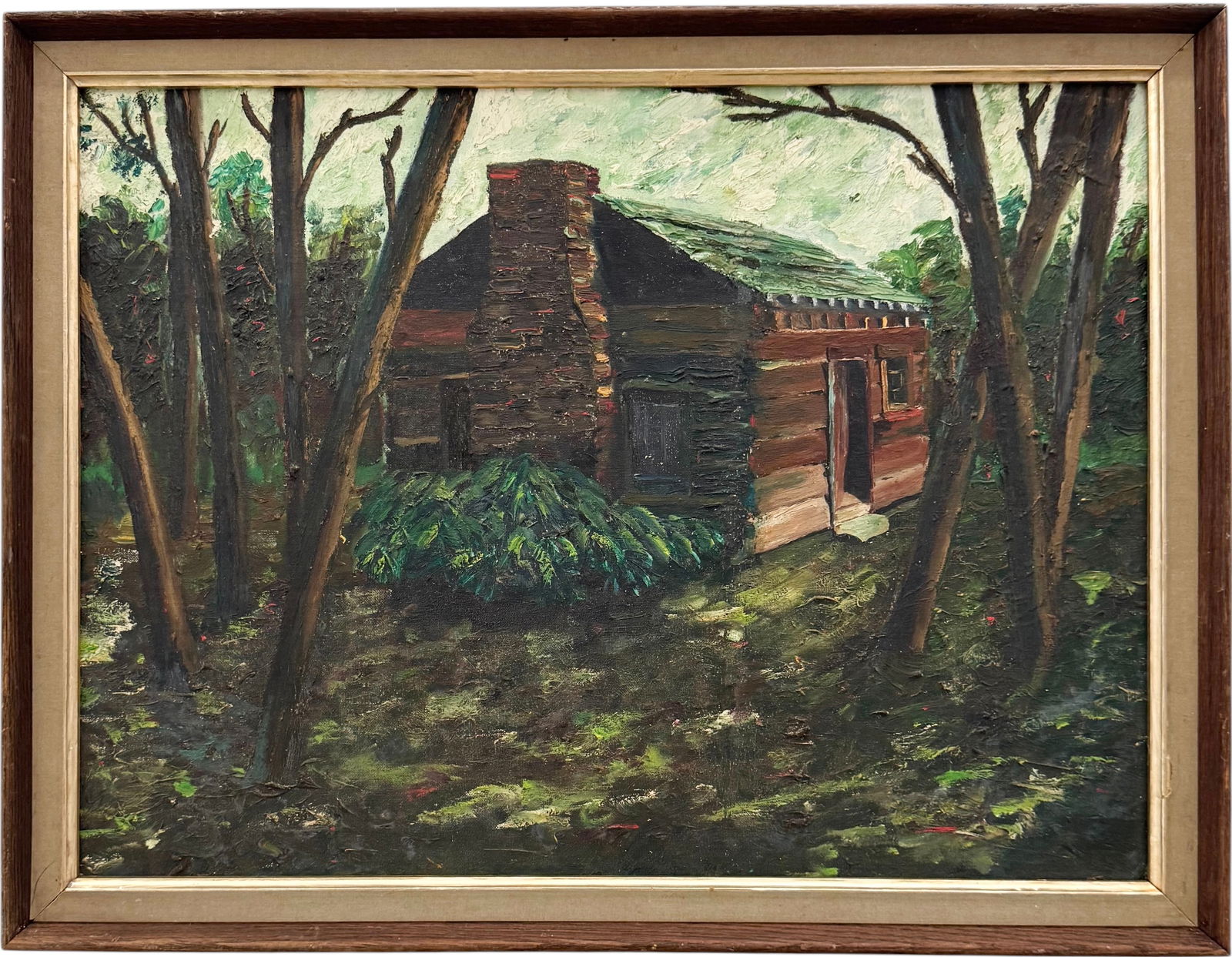 American Impressionist Landscape With Log Cabin Oil On Board: Oil painting on board 24 x 18 in, 26 1/2 x 20 1/2 in (framed). Domestic Flat Shipping Price: $80