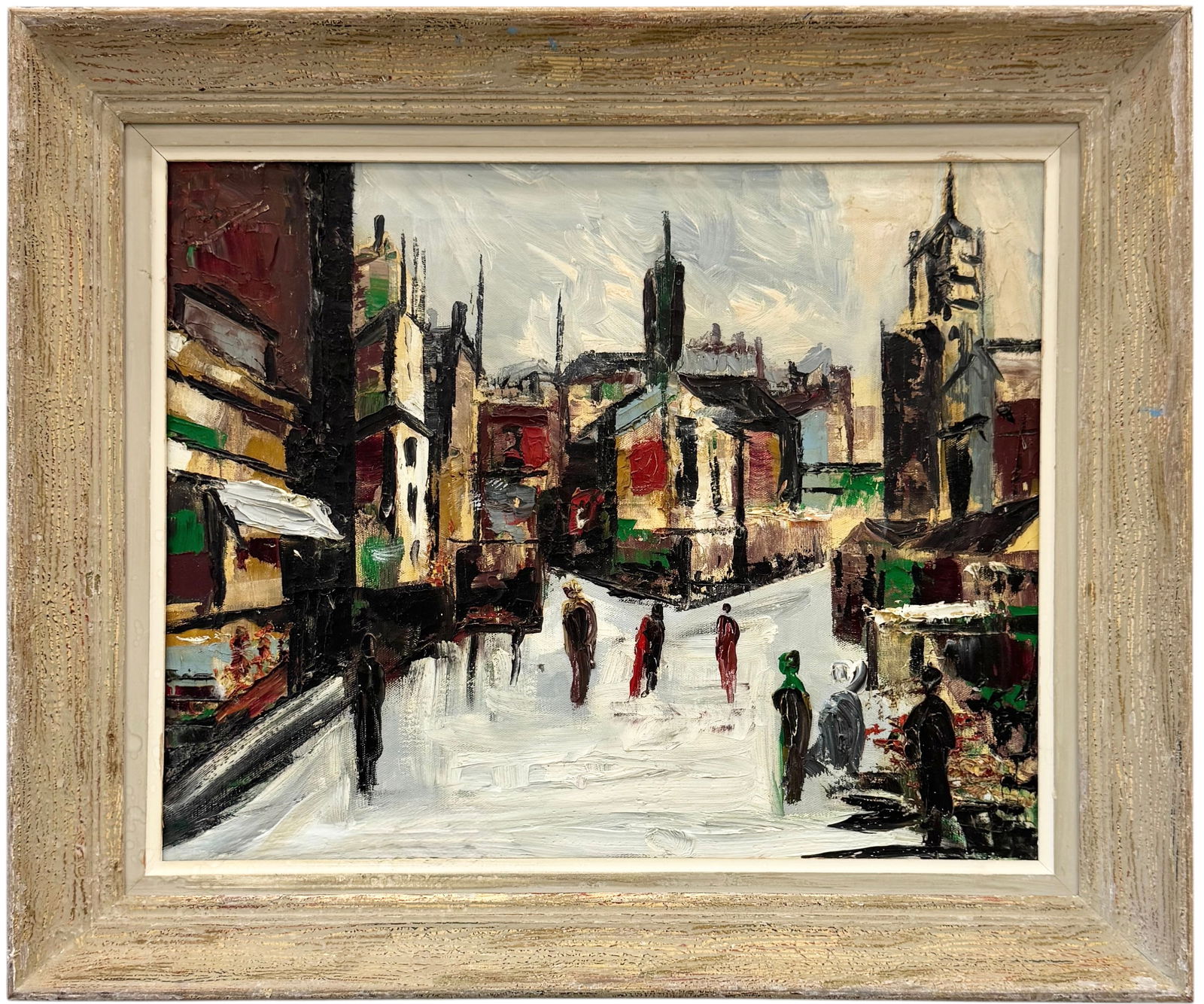 20th Century European School Impressionist Winter Cityscape: Unsigned oil painting on canvas 20 1/2 x 16 1/2 in, 25 x 21 in (framed). Domestic Flat Shipping Price: $80