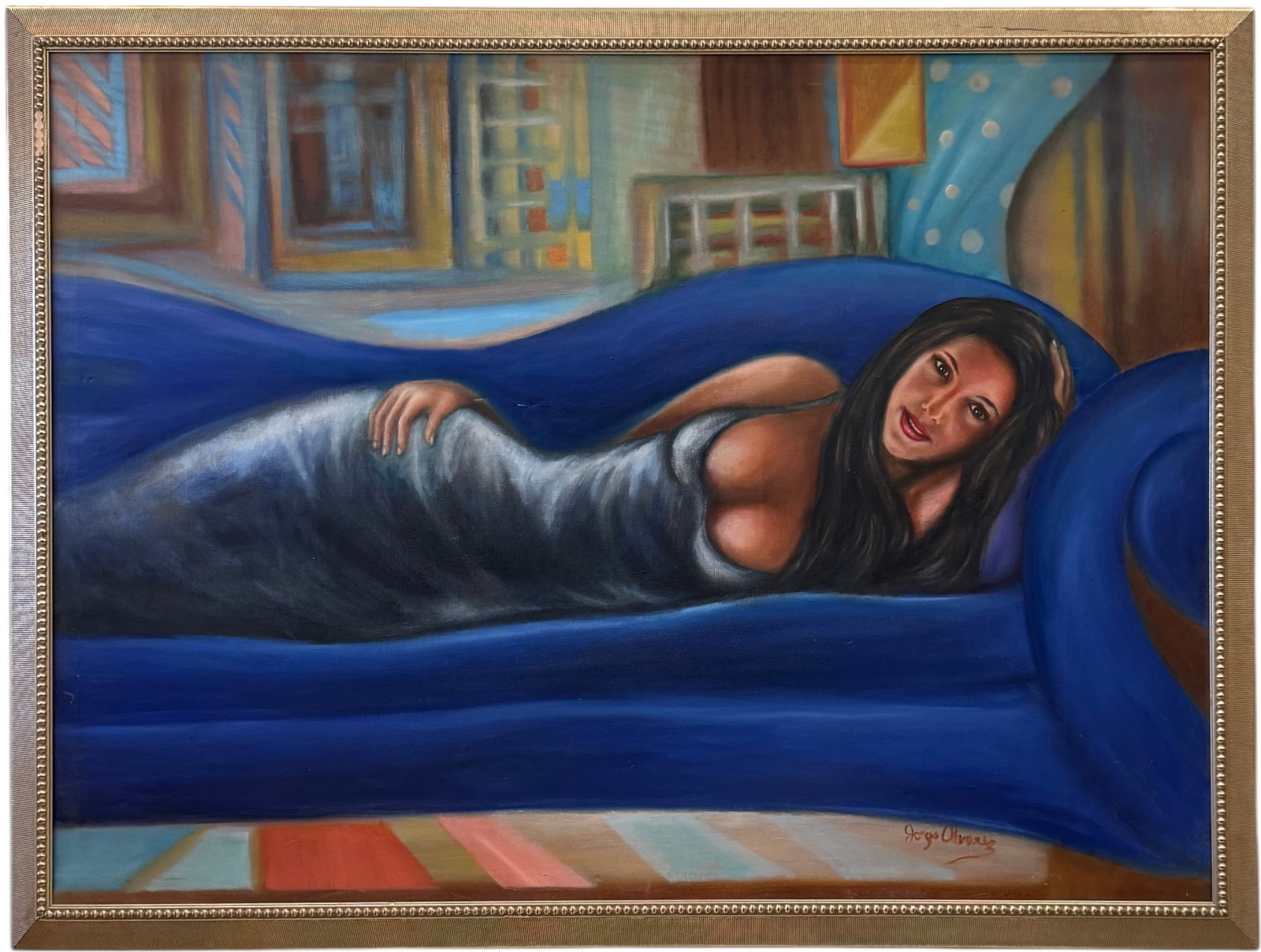 JORGE CHAVEZ (20th c, Latin American) MONUMENTAL Reclining Pretty Young Woman: Oil on canvas 53 x 39 in, 57 1/2 x 43 1/2 in (framed). Pick up only due to size