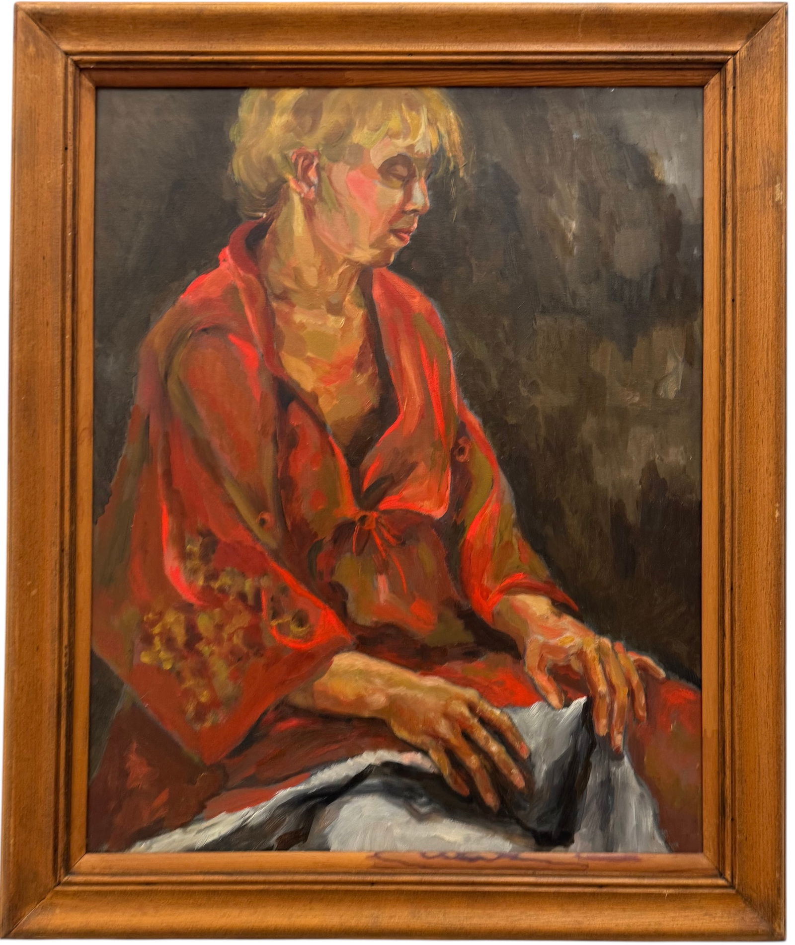 Lady In Red 1970's American Modernist Portait Oil On Canvas: Oil painting on canvas 30 x 24 in, 36 x 30 in (framed). Domestic Flat Shipping Price: $90
