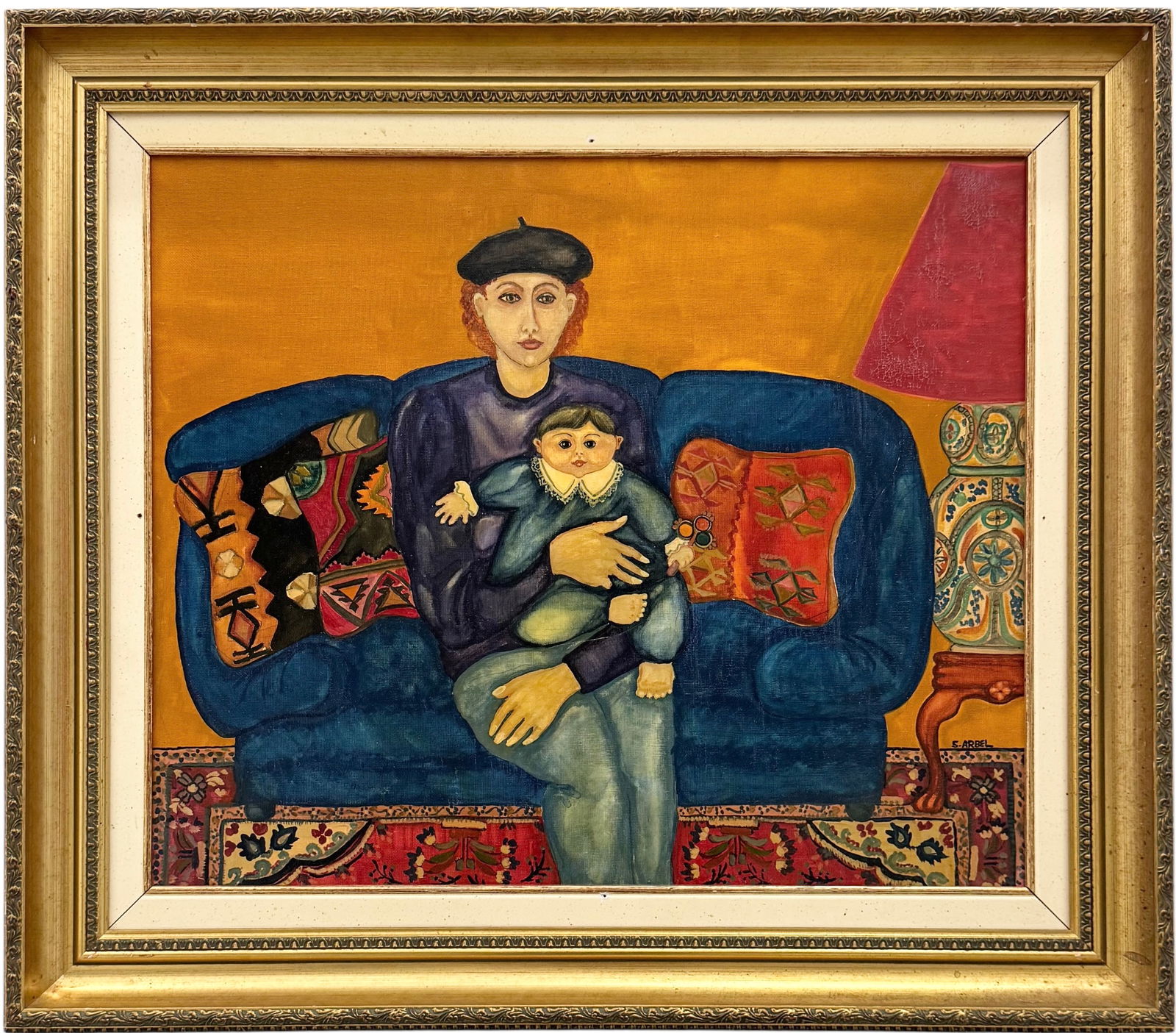 French School Modernist Mother & Child Oil On Canvas: Oil painting on canvas 21 1/2 x 17 1/2 in, 28 3/4 x 24 3/4 in (framed). Domestic Flat Shipping Price: $80