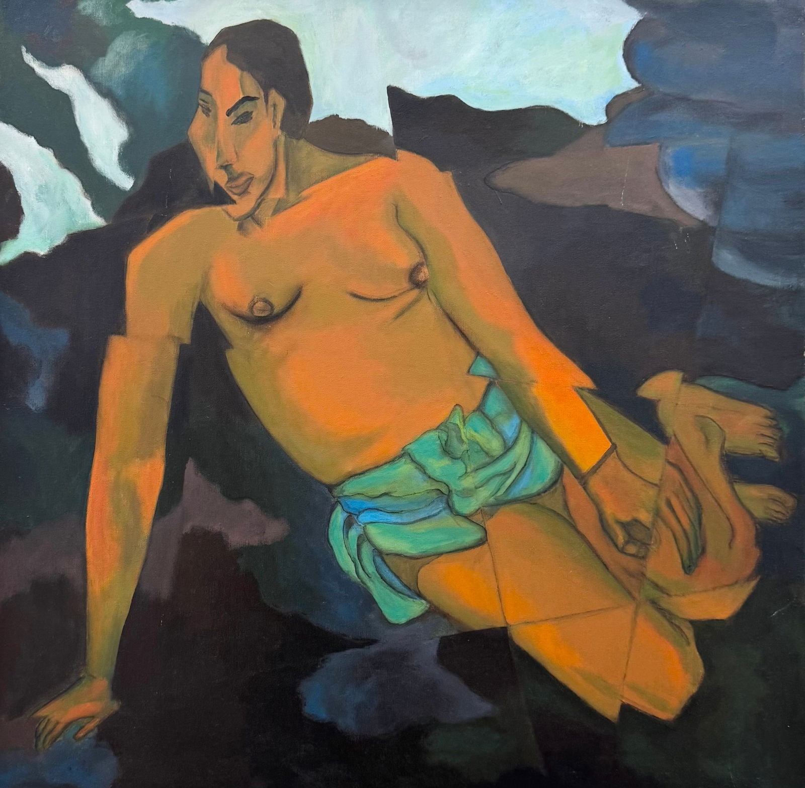 Large Modernist Native Nude Style Of Gaugin Acrylic On Canvas: Oil painting on canvas 36 x 36 in. Domestic Flat Shipping Price: $140