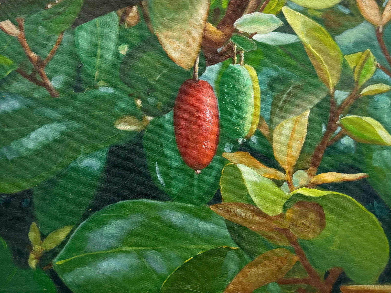 Vintage American Oil On Canvas Hyperrealist Foliage Painting: Oil painting on canvas 16 x 12 in. Domestic Flat Shipping Price: $45