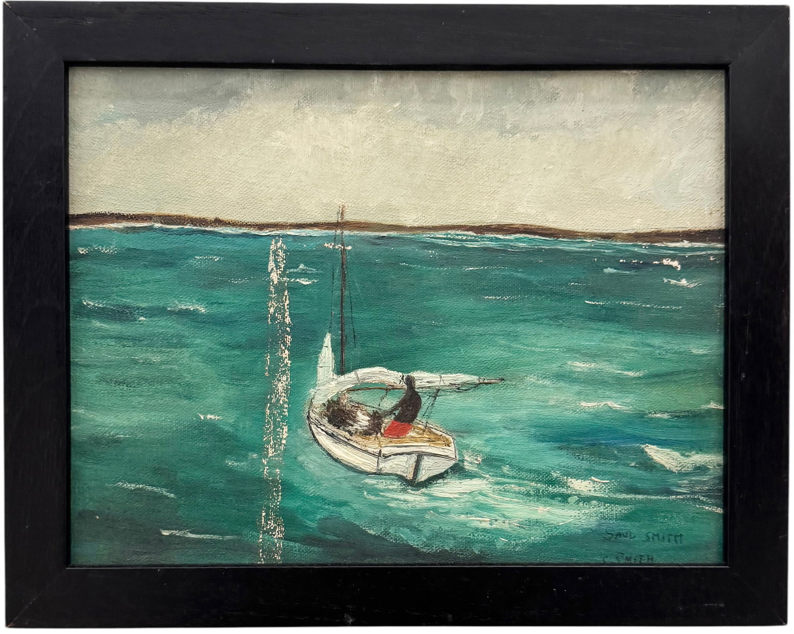 Small Impressionist Nautical Seascape With Sailbost Signed Oil On Board: Oil on board 10 1/2 x 8 1/2 in, 12 x 10 in (framed). Domestic Flat Shipping Price: $45