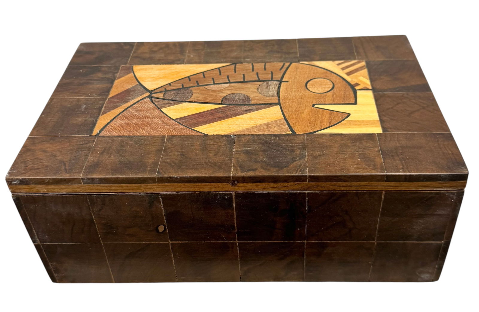 Mid-Century Modern Inlaid Wood Fish Box With Fish Design: 9 3/4 x 6 x 3 1/2 in. Domestic Flat Shipping Price: $55