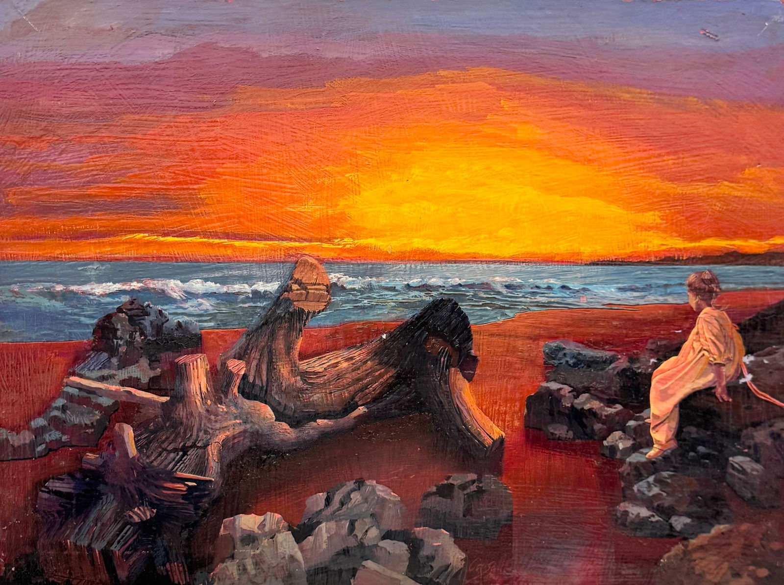 Vintage American Sunset Coastal Beach Illustration Signed CORSO: Oil painting on board 24 x 18 in. Domestic Flat Shipping Price: $65