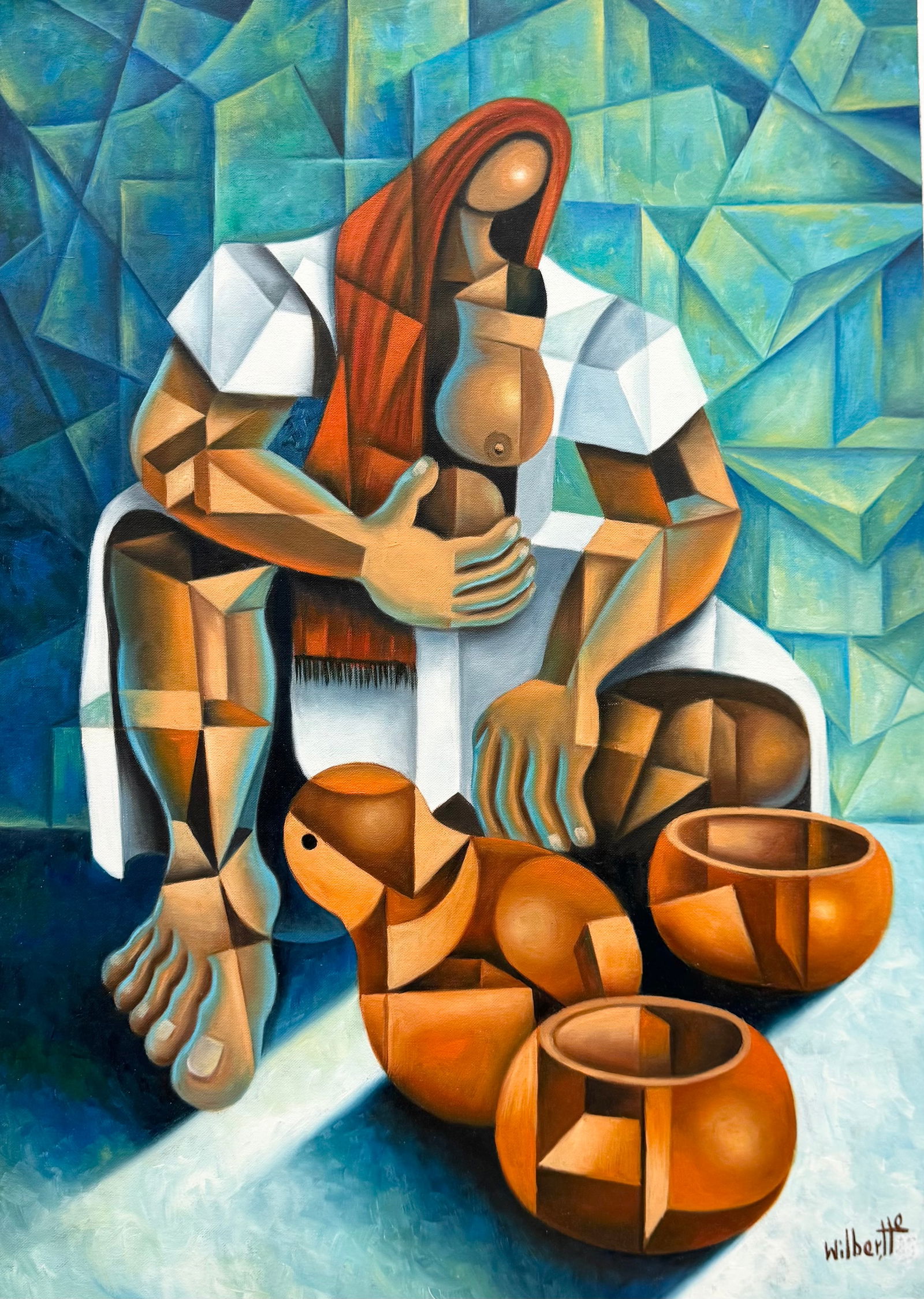 WILBER HERERRA ORTIZ (20th c, Mexico) Cubist Abstract: Oil painting on board 28 x 20 in. Domestic Flat Shipping Price: $70