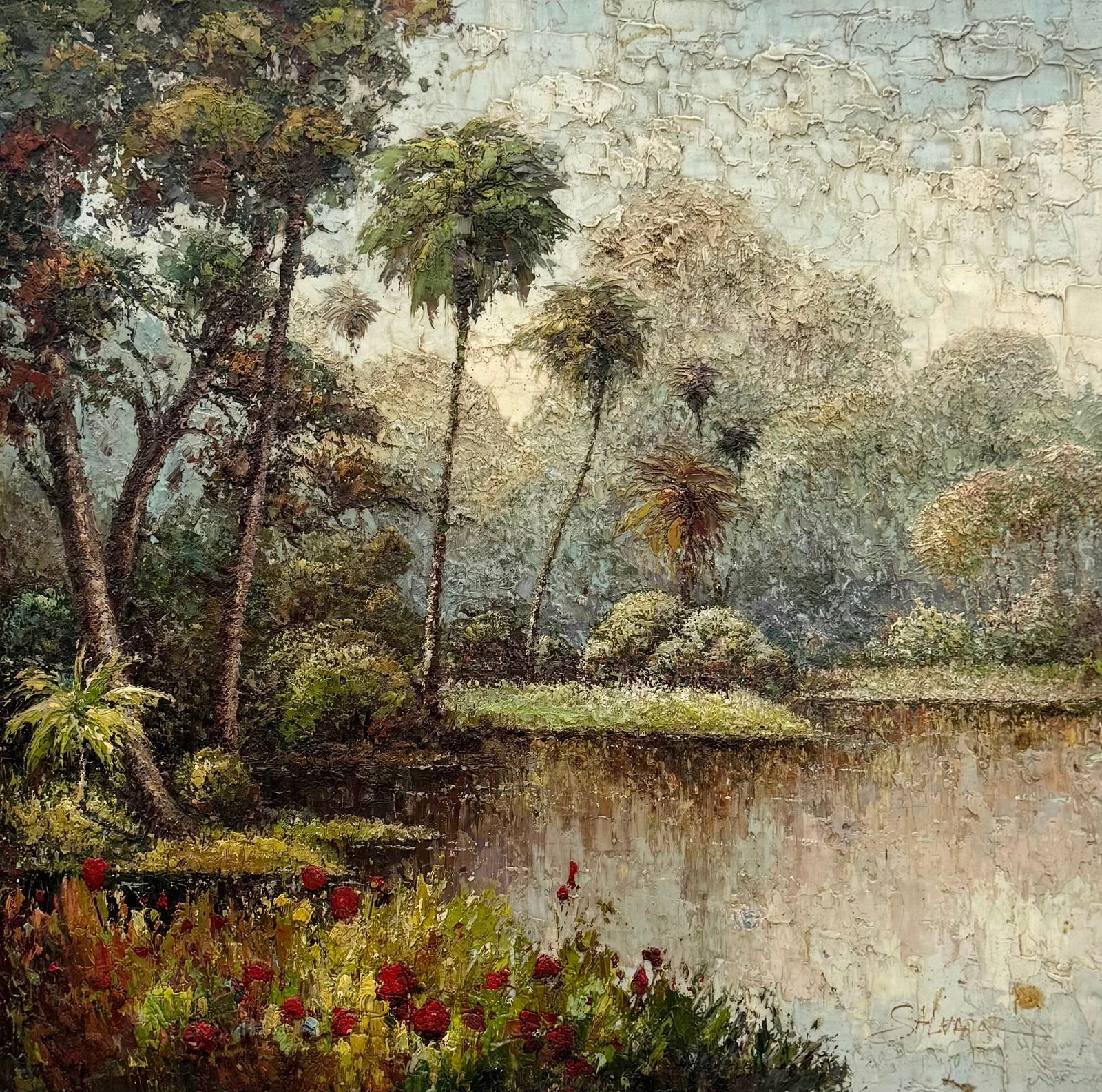 Contemporary Tropical Florida Landscape Signed Heavy Impasto Oil On Canvas: Oil painting on canvas 30 x 30 in. Domestic Flat Shipping Price: $90