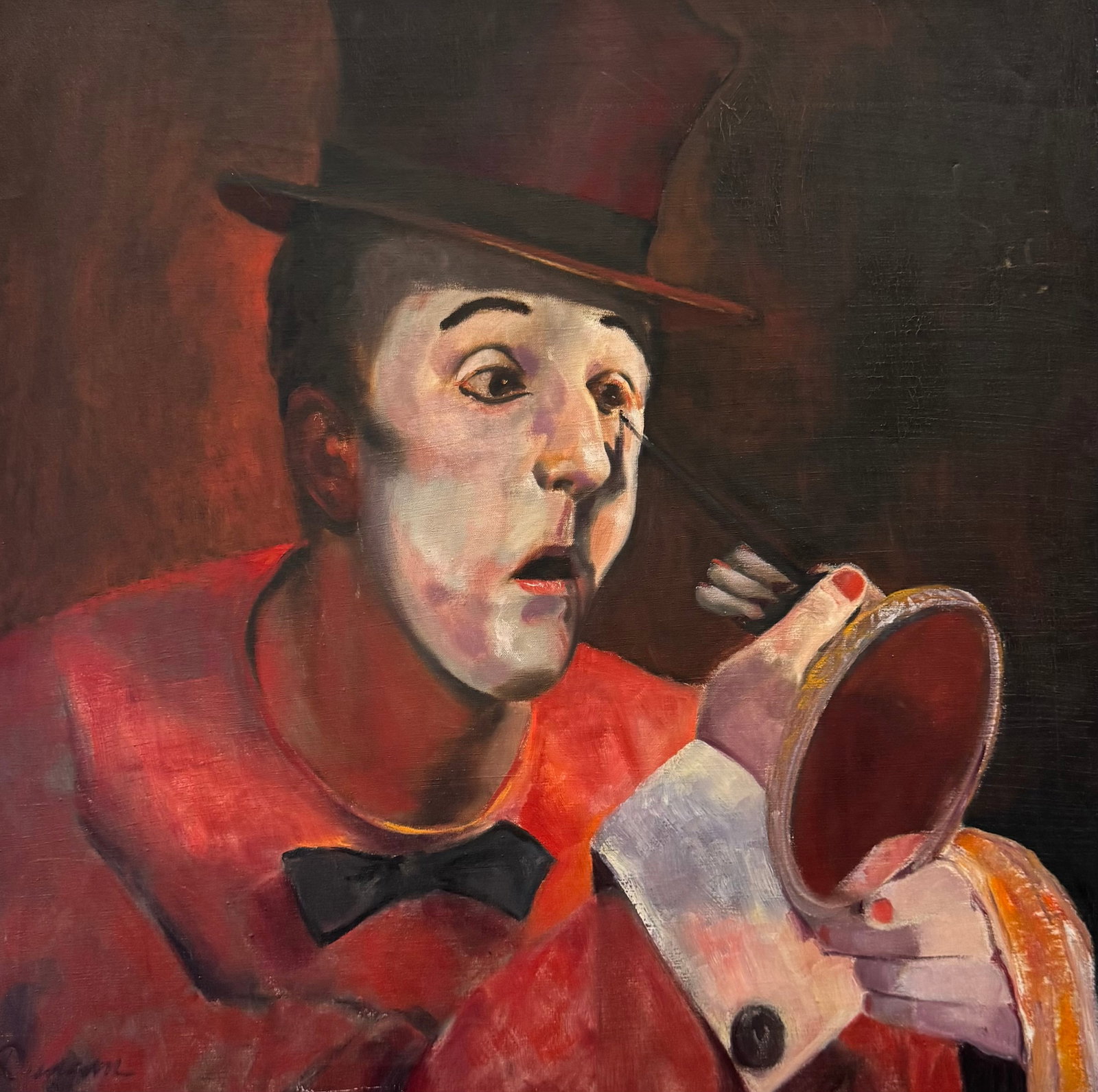 American Portrait Of A Clown Signed Duncan Oil On Canvas: Oil painting on canvas 30 x 30 in. Domestic Flat Shipping Price: $90
