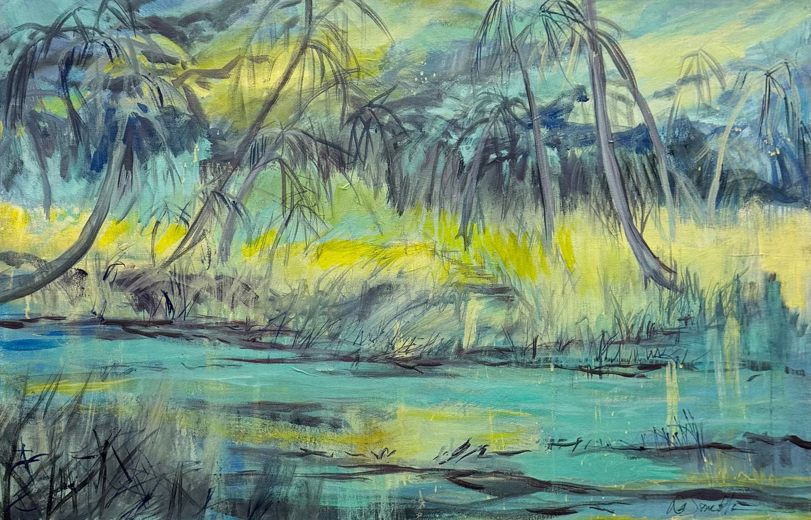 American Modernist TRopical Florida Landscape Signed Acrylic On Canvas: Acrylic painting on canvas 36 x 24 in. Domestic Flat Shipping Price: $80