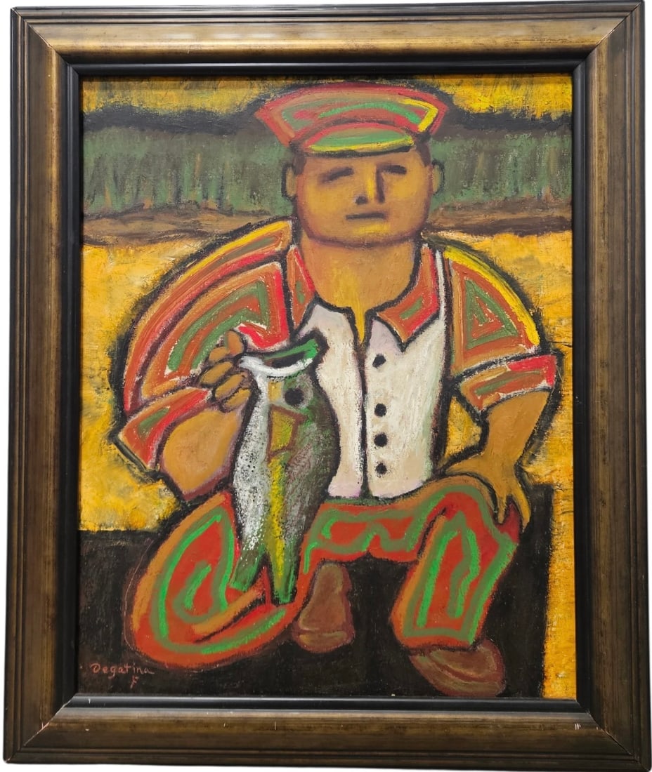 Latin American Modernist Fisherman Signed Oil On Canvas: Oil on canvas 16 x 20 in, 20 x 24 in. Domestic Flat Shipping Price: $65