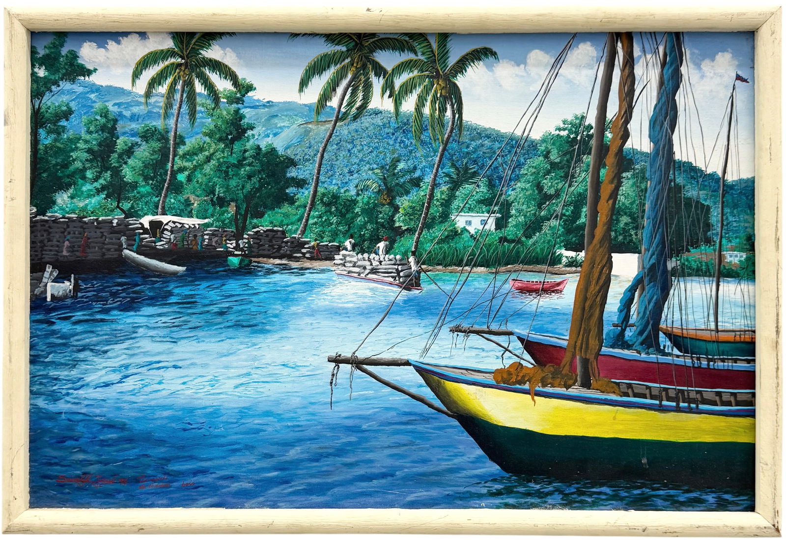 SAINTYL JOSUE (20th c, Haitian) Harbor Scene: Oil painting on canvas 24 x 16 in, 25 x 17 in. Domestic Flat Shipping Price: $55