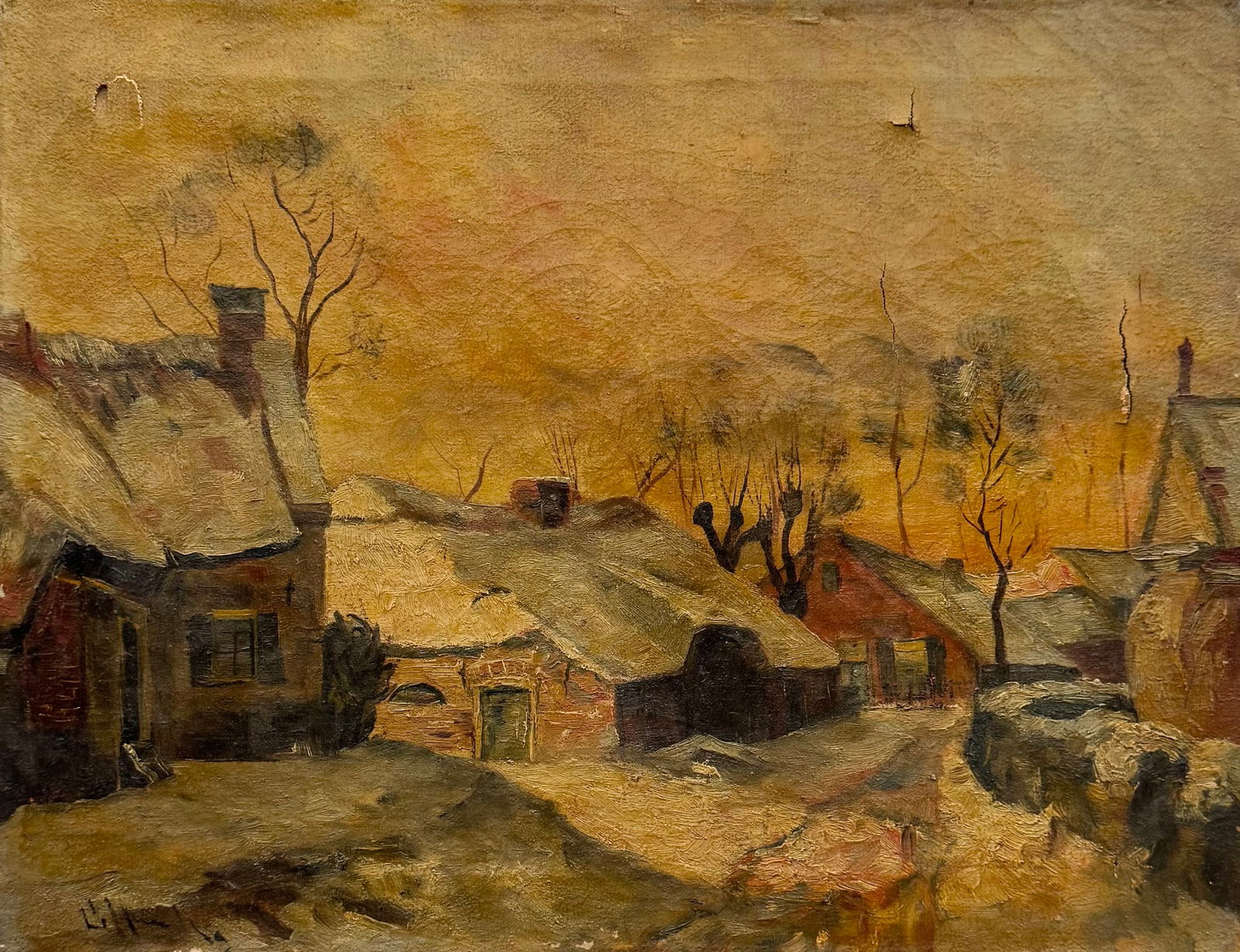 Northern European Snowy Village Scene SIgned Impressionist Oil On Canvas: Oil painting on canvas 17 3/4 x 13 3/4 in. Domestic Flat Shipping Price: $45