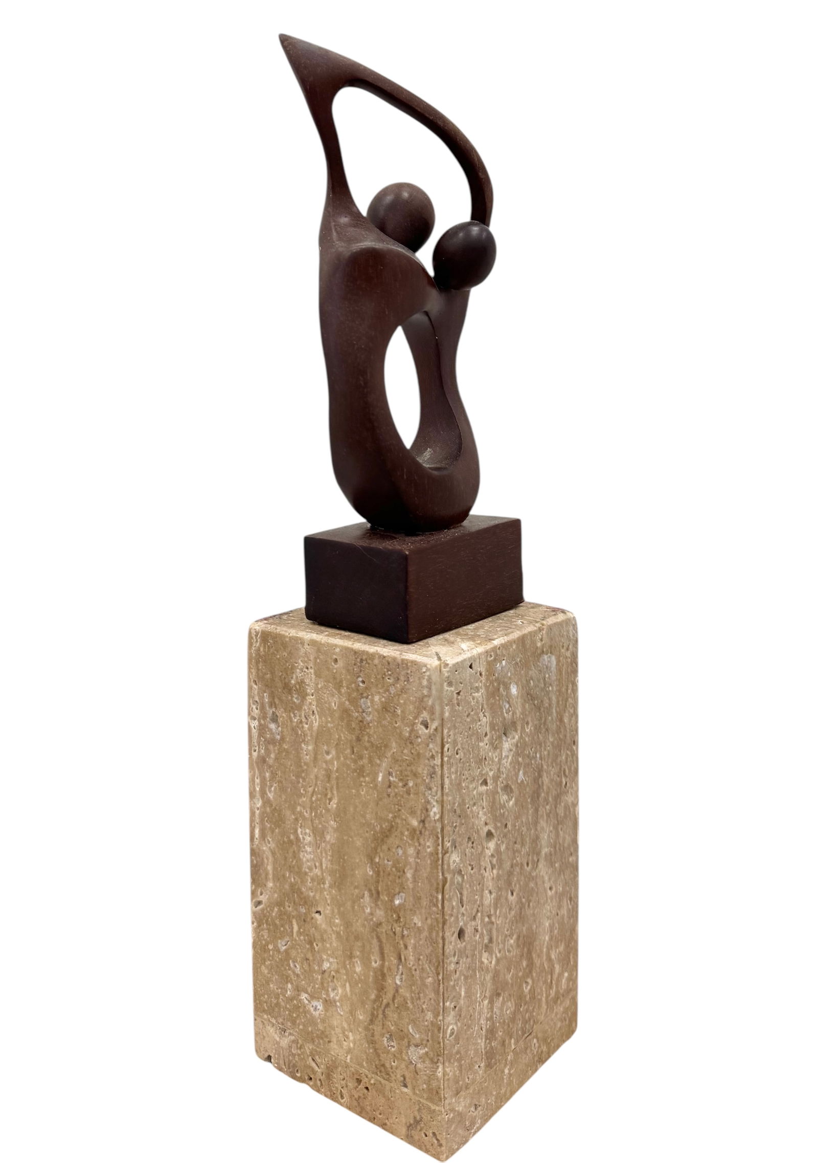 Carved Modernist Wood Figural Sculpture On Stone Base: 13 x 3 x 3 in. Domestic Flat Shipping Price: $55