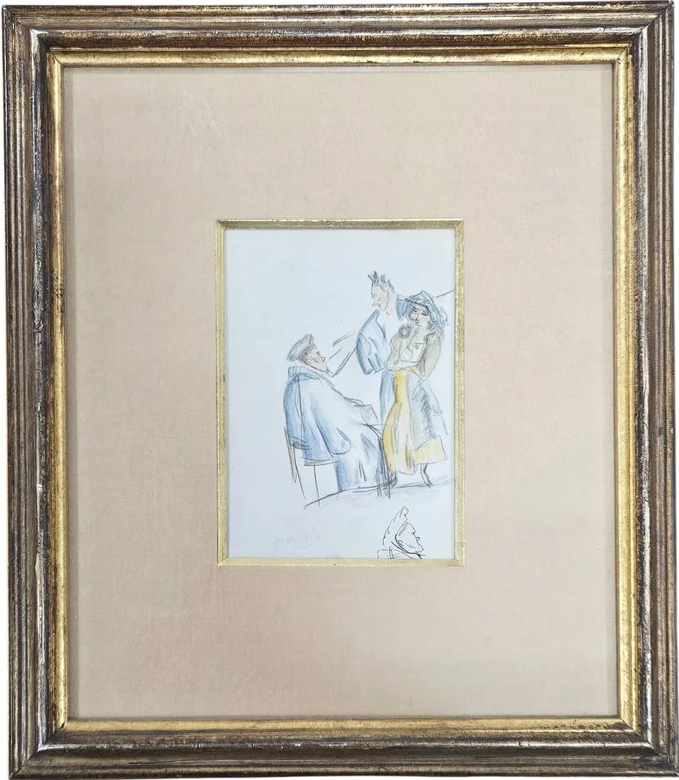 JULES PASCIN (1881-1930, Bulgaria, France) Colored Drawing: Colored drawing on paper 6 x 4 in, 13 1/2 x 11 1/2 in. Domestic Flat Shipping Price: $55