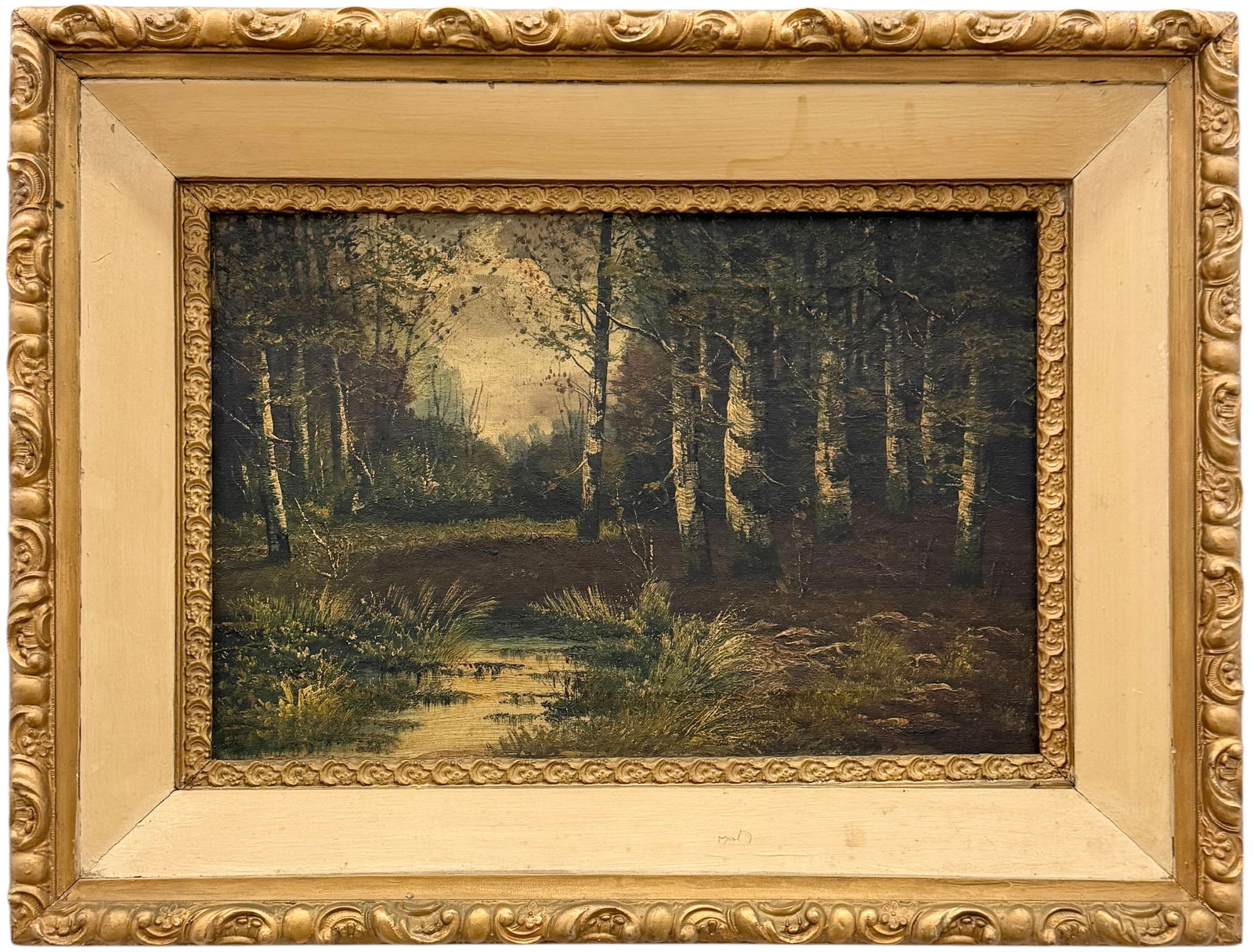 19th Century American School Landscape, Birch Tree Forest Oil On Canvas: Oil painting on canvas 18 x 12 in, 25 x 19 in (framed). Domestic Flat Shipping Price: $65