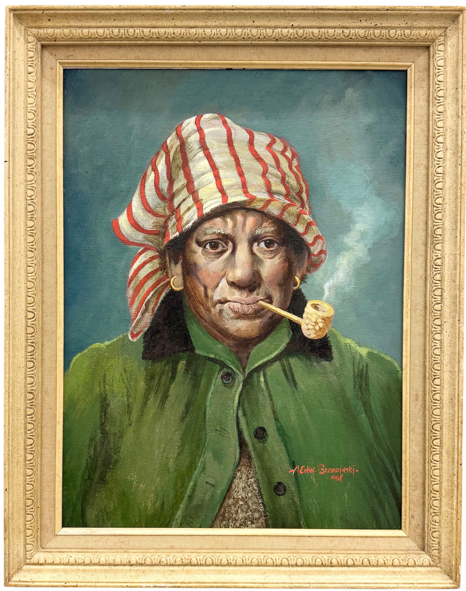 ANTON BRZEZINSKI (b. 1946, Polish American) "Black Grandma": Oil painting on board 12 x 16 in, 19 x 15 in (framed). Domestic Flat Shipping Price: $55