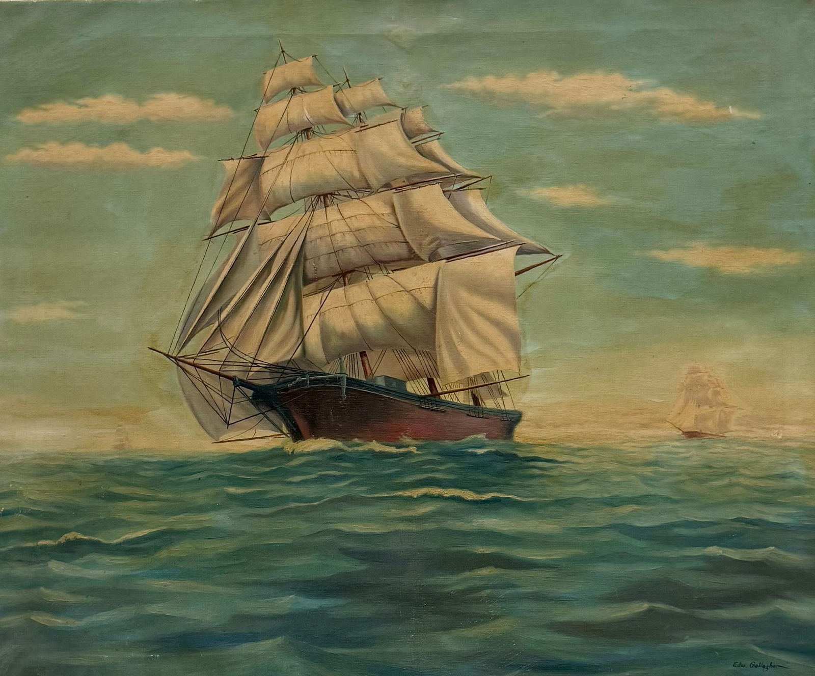 Vintage American Nautical Seascape With Clipper Ship Signed Oil On Canvas (1 of 4)