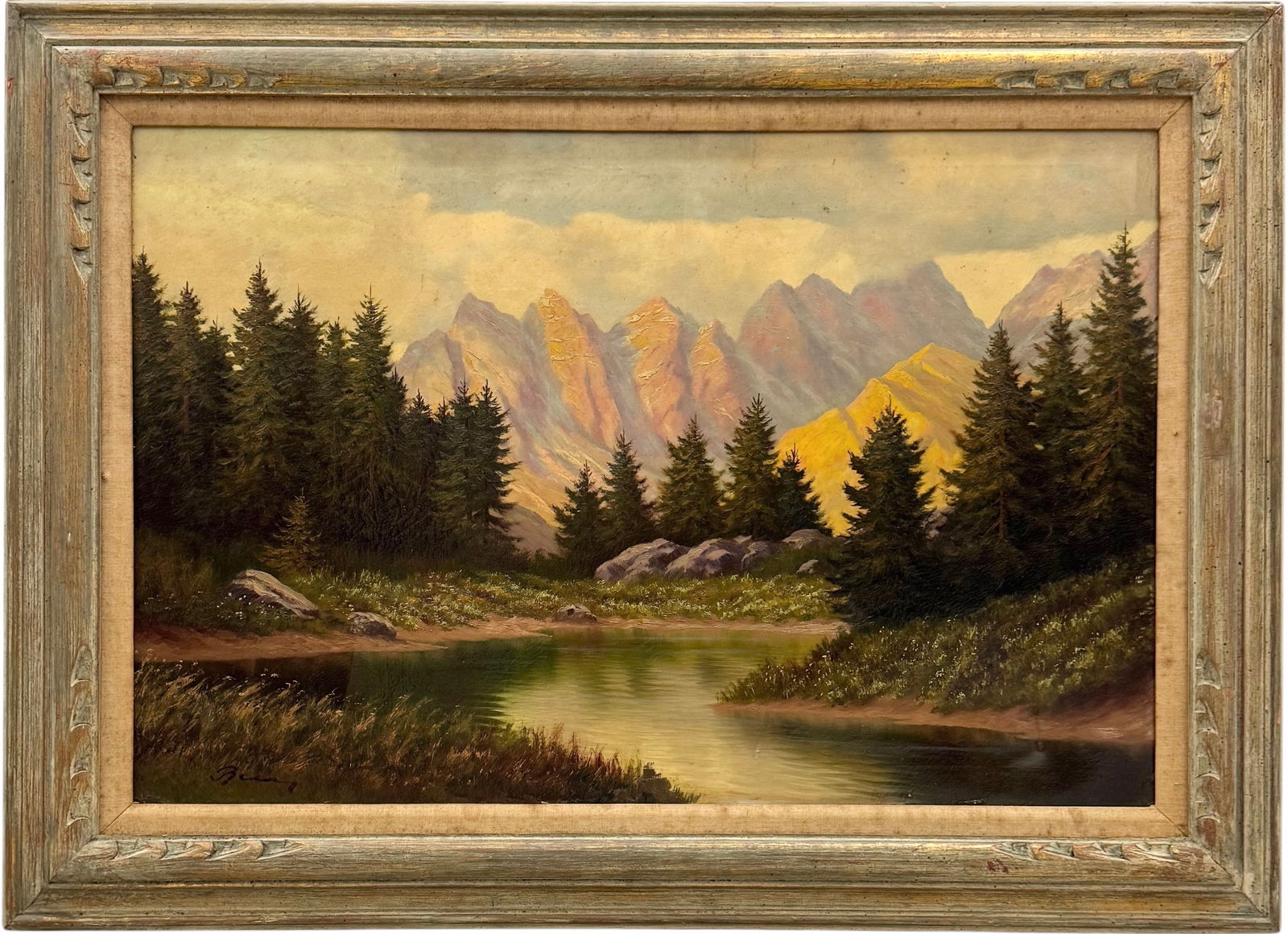 Large American Western Mountain Landscape Signed Oil On Canvas: Oil painting on canvas 36 x 24 in, 44 x 32 in (framed). Domestic Flat Shipping Price: $140