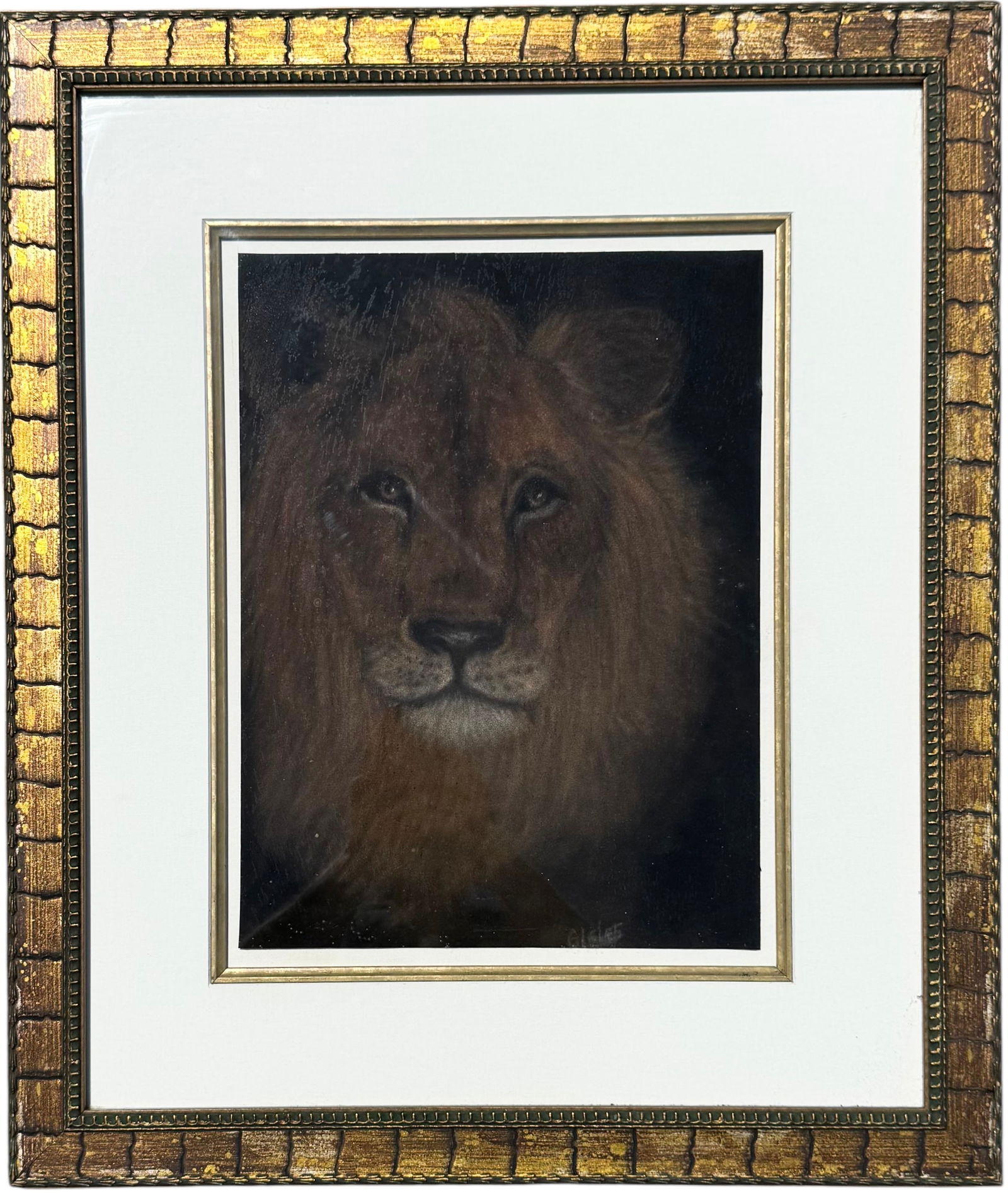 19th Century Signed Pastel Portrait Of A Lion: Pastel on paper 15 1/2 x 11 1/2 in, 26 x 22 in (framed). Domestic Flat Shipping Price: $80