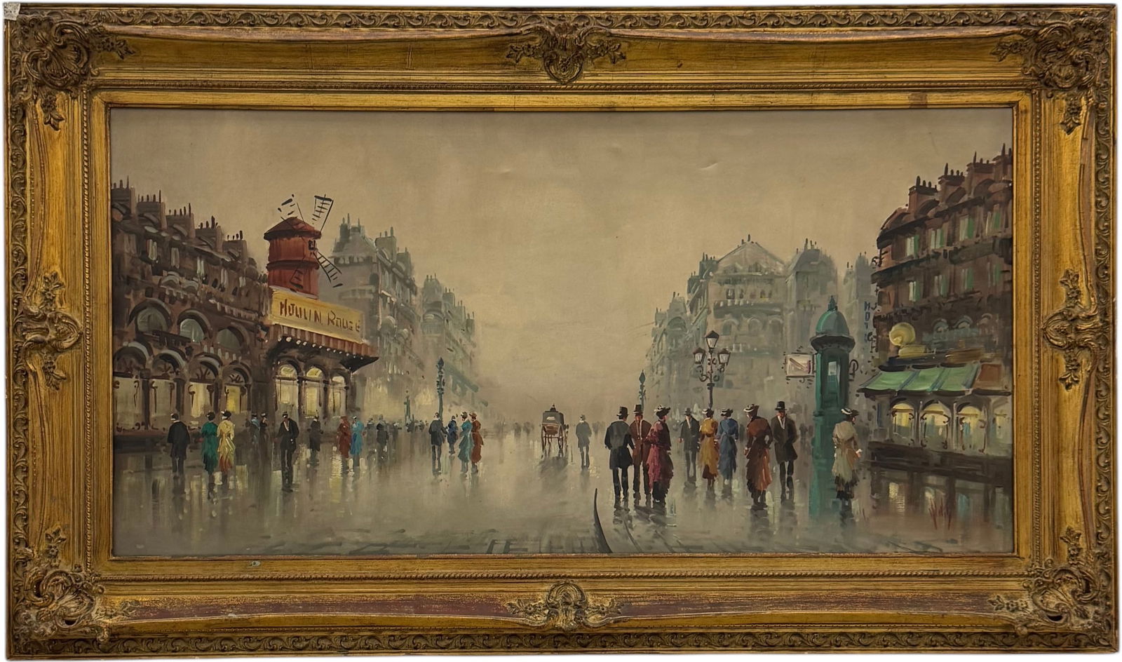 ANTONIO DEVITY Large Mid-Century Paris Street Scene: Oil painting on canvas 48 x 24 in, 58 x 34 in (framed). Domestic Flat Shipping Price: $320