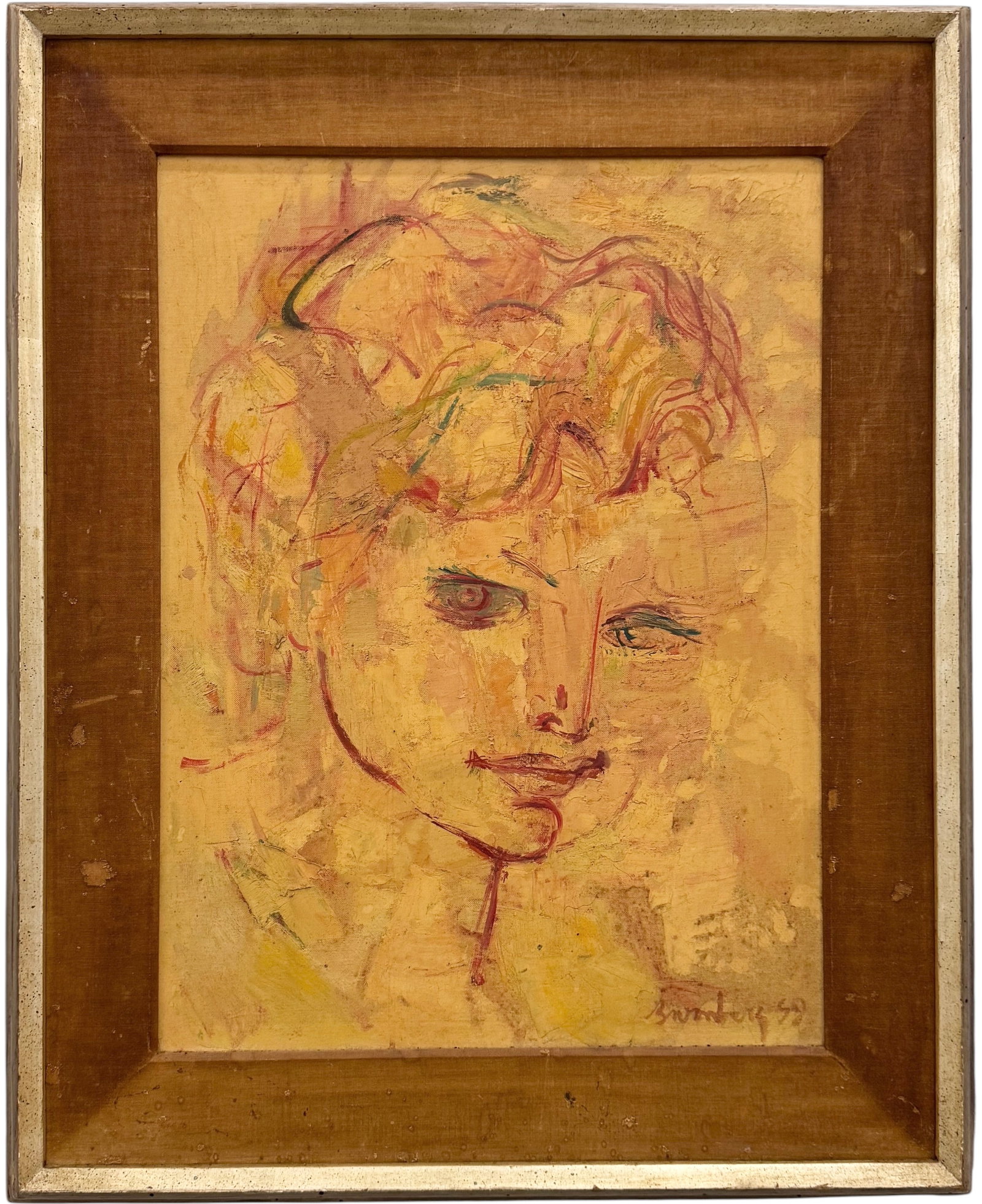 Mid Century Modern Abstract Signed Oil On Board Dated 1959: Oil painting on board 23 x 18 in, 31 1/2 x 25 1/2 in (framed). Domestic Flat Shipping Price: $90