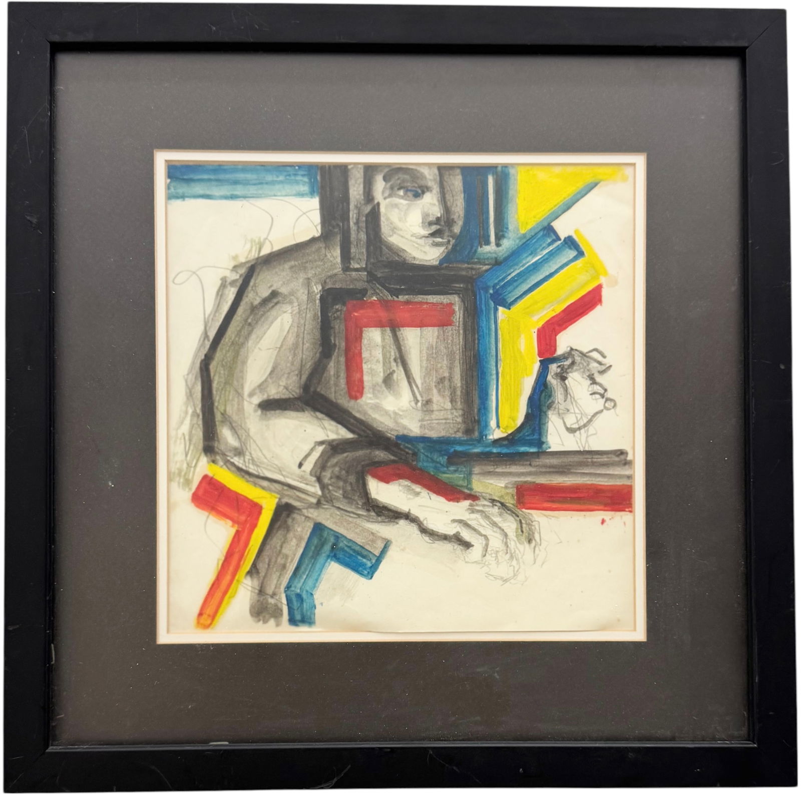 Mid-Century Modern Figural Abstract Unsigned MIxed Media: Mixed media on paper 8 x 8 in, 13 3/4 x 13 3/4 in (framed). Domestic Flat Shipping Price: $45