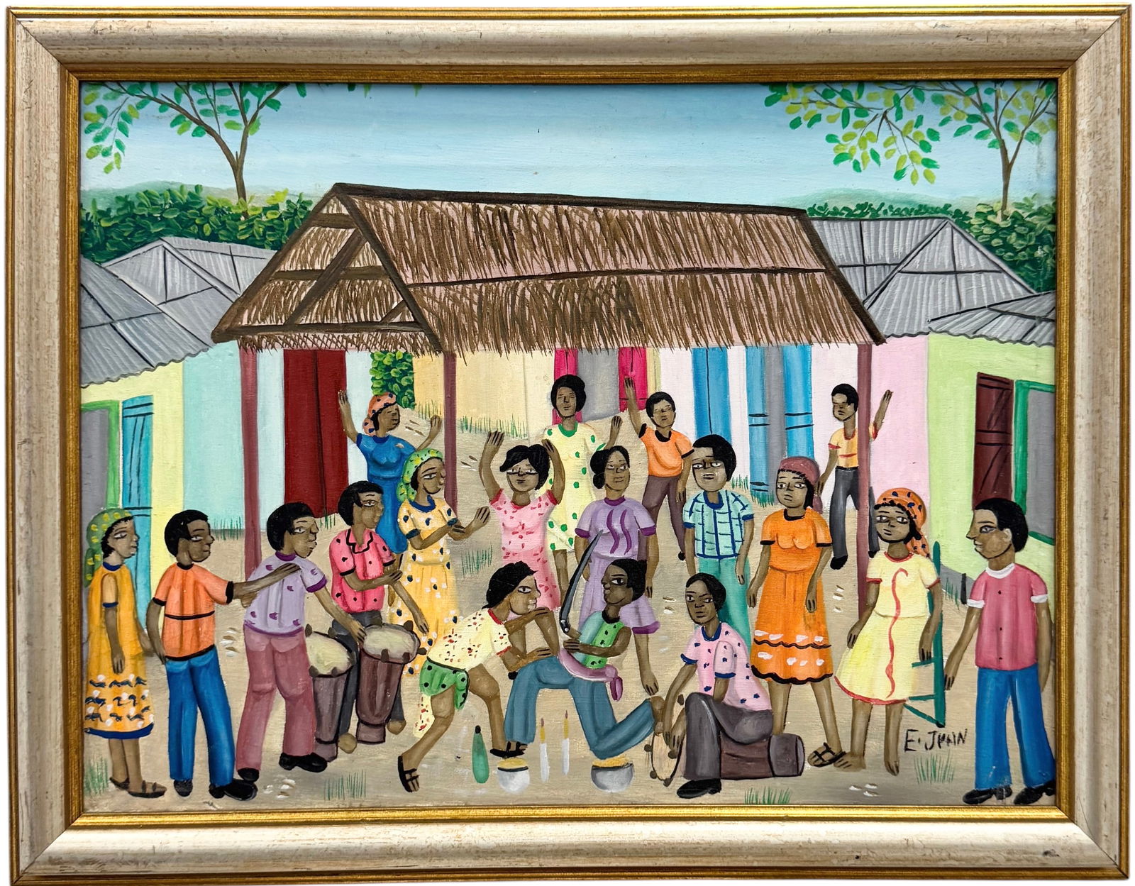 Haitian Village Scene Signed E. Jean Oil On Canvas: Oil painting on canvas 12 x 16 in, 14 x 18 in (framed). Domestic Flat Shipping Price: $55
