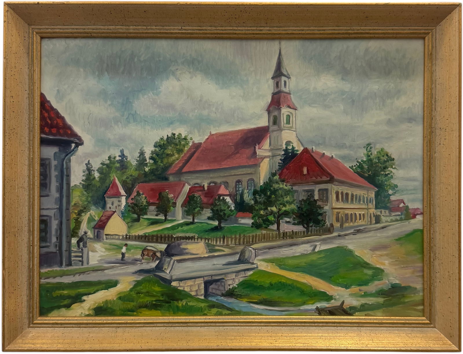 20th c European Impressionist Townscape Oil On Board: Oil painting on board 17 1/2 x 12 1/2 in, 19 3/4 x 14 3/4 in (framed). Domestic Flat Shipping Price: $55