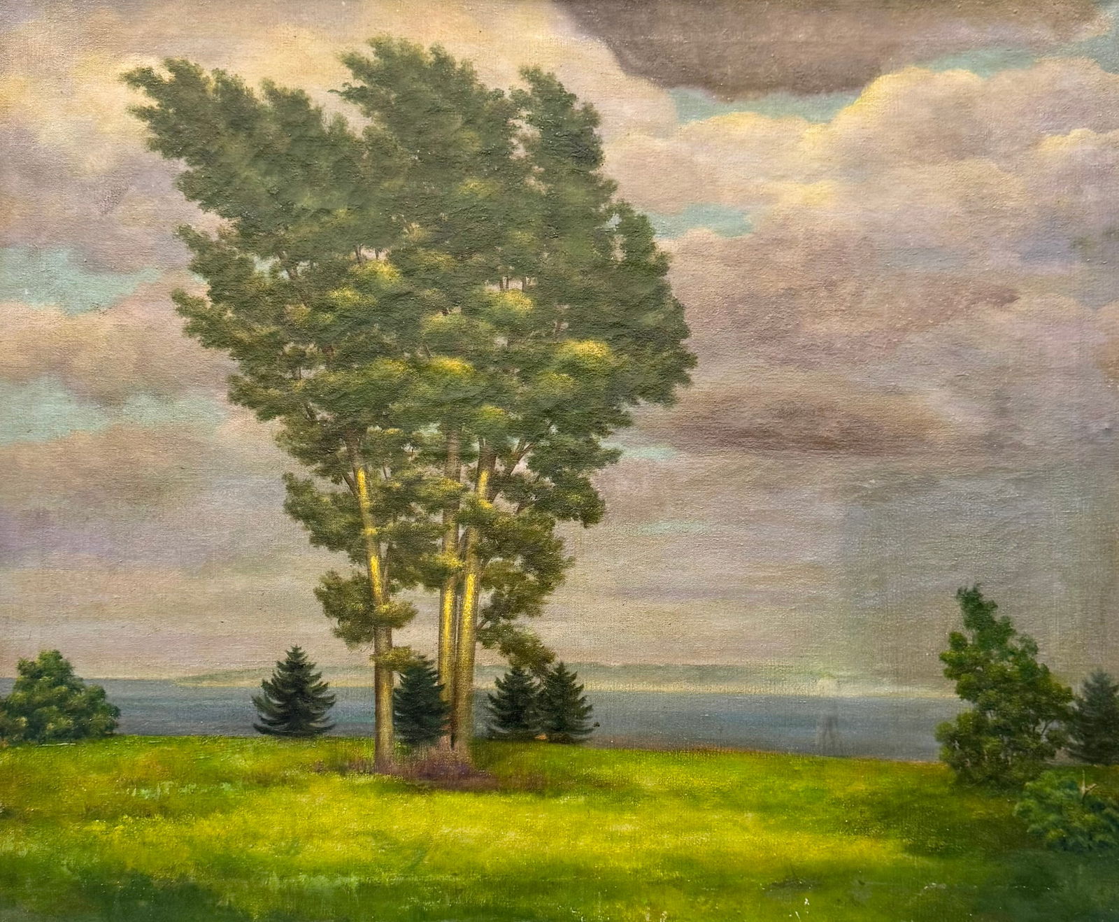 Large 20th Century Texas Landscape With Fisherman Illegibly Signed Oil On Canvas: Oil painting on canvas 36 x 30 in. Domestic Flat Shipping Price: $90