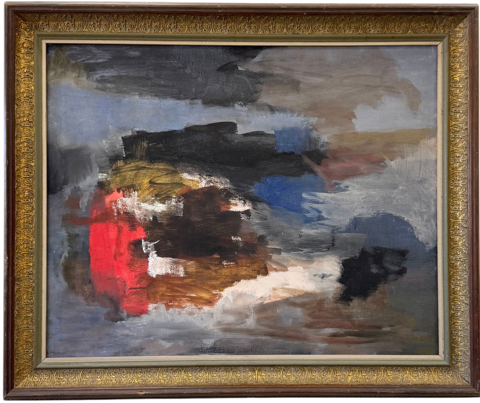 Nicely Framed American Abstract Expressionist Signed Oil On Canvas: Oil painting on canvas 30 x 24 in, 35 1/2 x 29 1/2 in (framed). Domestic Flat Shipping Price: $90