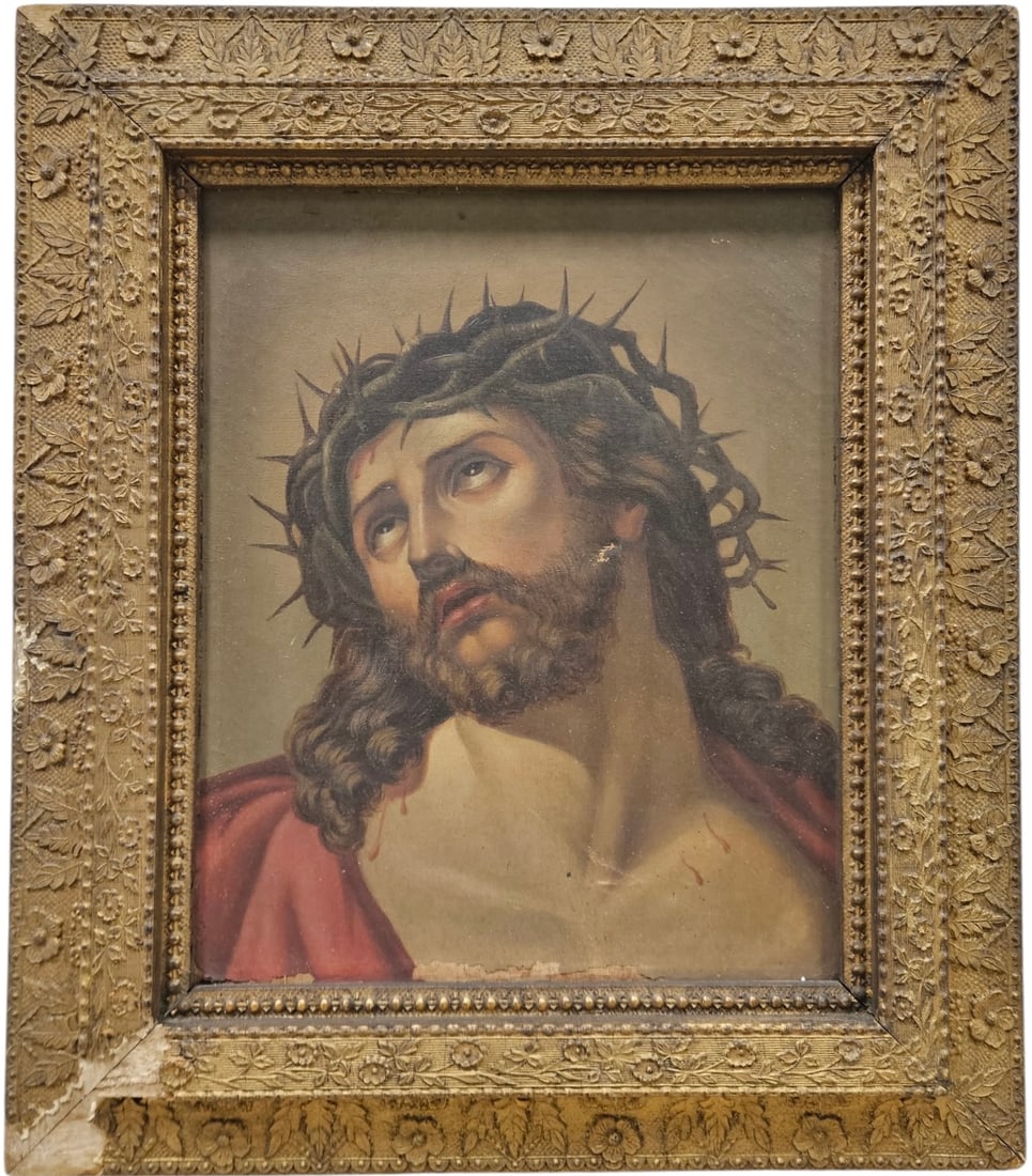 19th Century Portrait Of Christ With Thorns Oil On Canvas: Oil painting on canvas 10 5/8 x 13 1/8 in, 16 x 18 1/2 in. Domestic Flat Shipping Price: $55