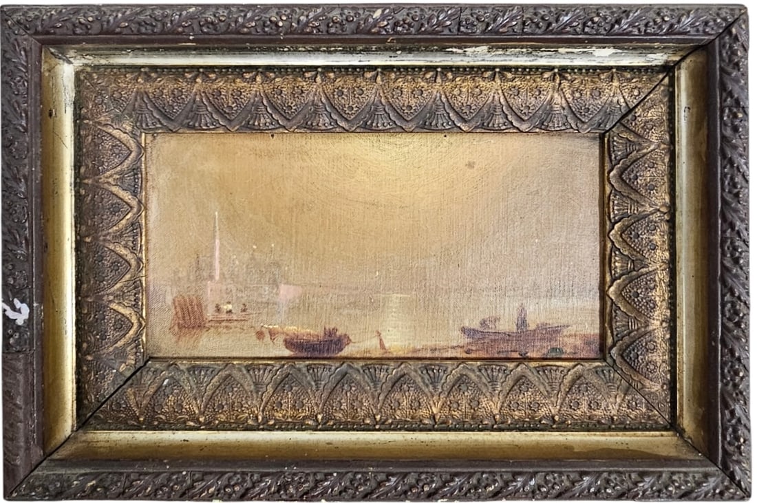 19th Century European Impressionist Harbor Scene Oil On Wood: 4 1/2 x 9 in, 8 1/4 x 12 in (framed. Domestic Flat Shipping Price: $45