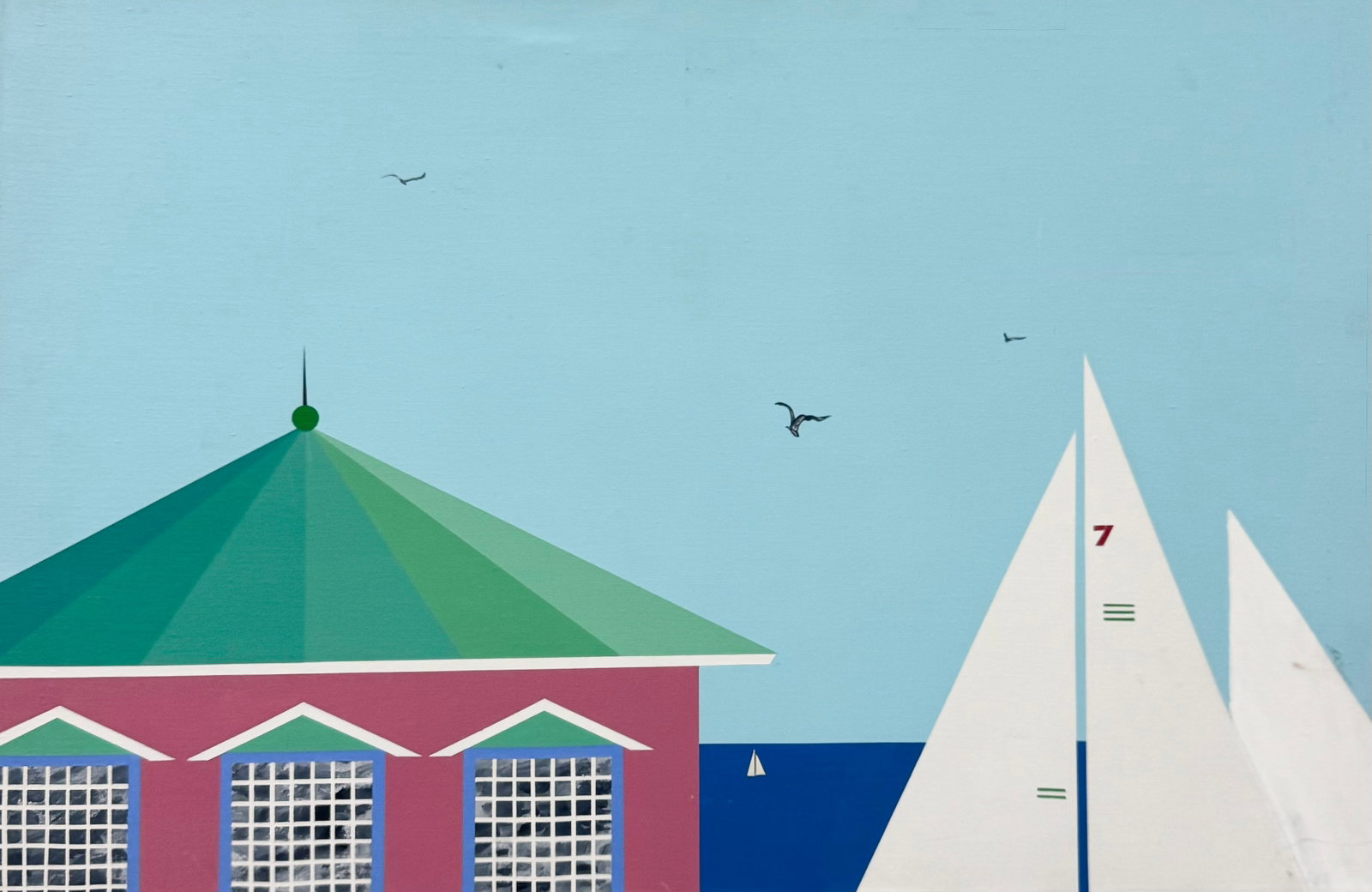 Vintage Hard Edge Geometric Harbor Scene With Sailboats Oil On Canvas: Oil painting on canvas 30 x 20 in. Domestic Flat Shipping Price: $70