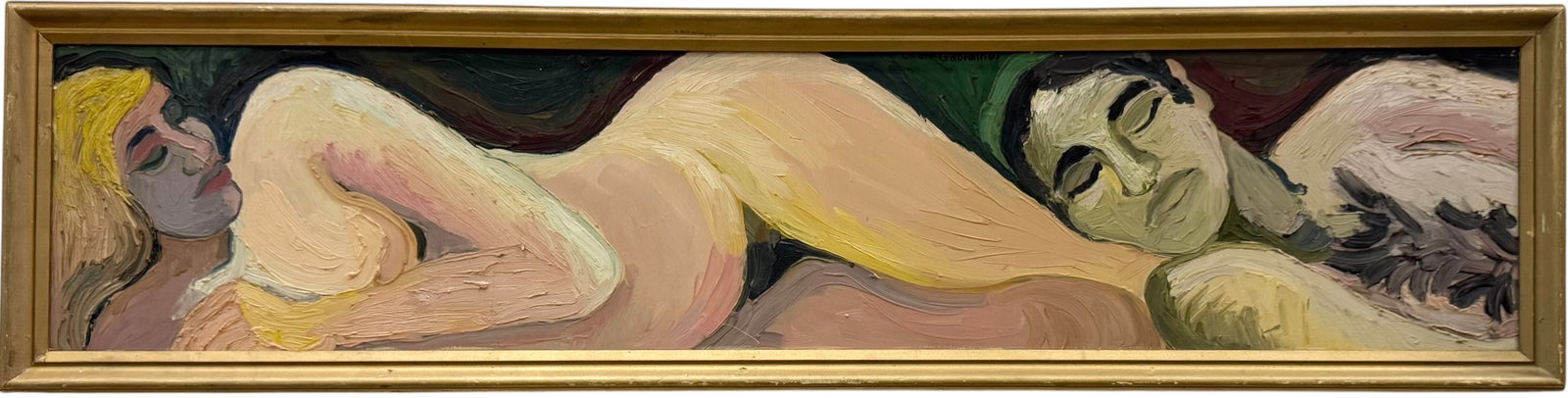 Mid-Century Modern American Nude Figures Signed Gilbraith Heavy Impasto 1967: Oil painting on board 48 x 10 in, 50 x 12 in (framed). Domestic Flat Shipping Price: $90