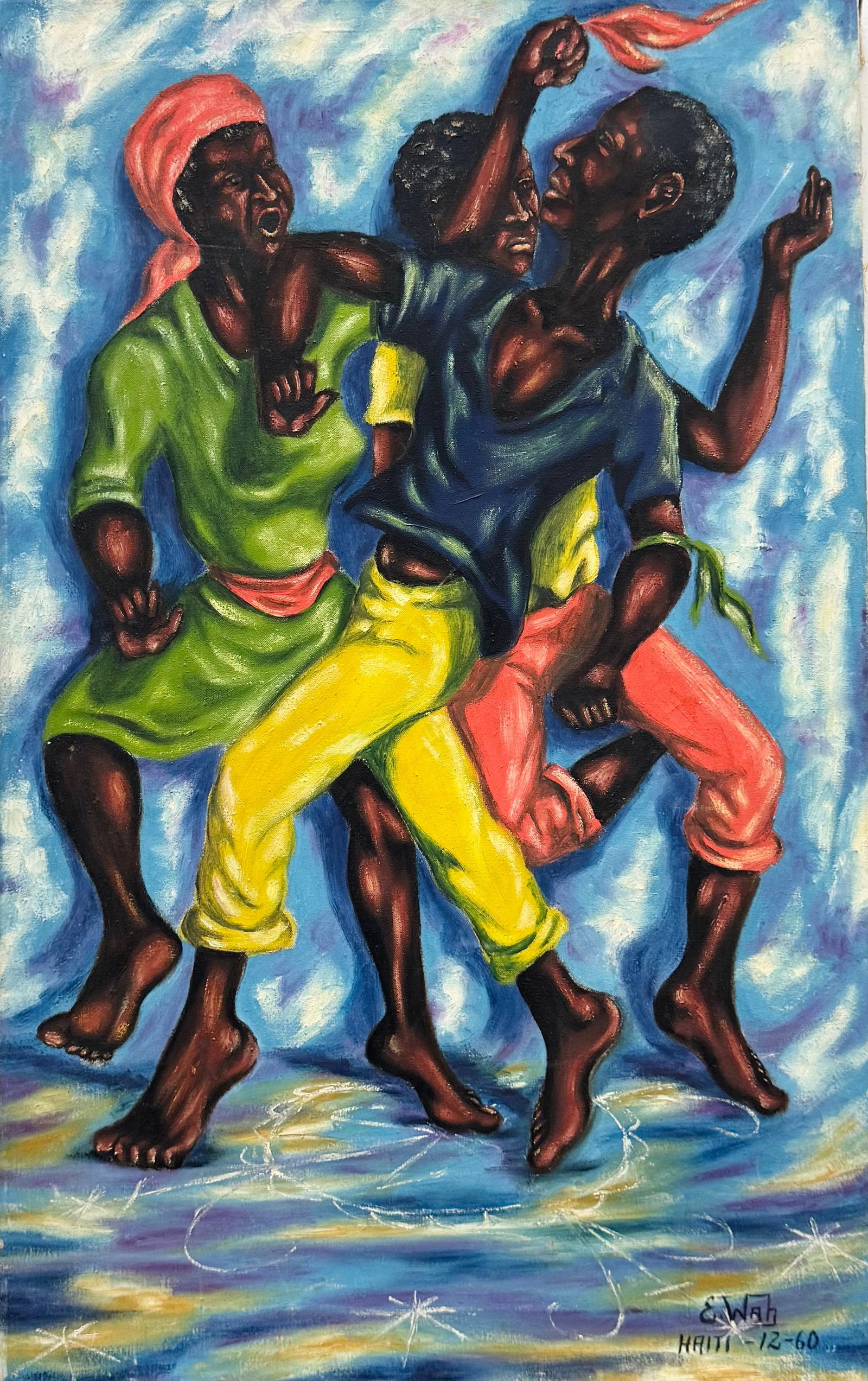EDOUARD WAH (1938-2003, Haitian) Modernist Figures Dated 1960: Oil painting on canvas 30 x 19 in. Domestic Flat Shipping Price: $80